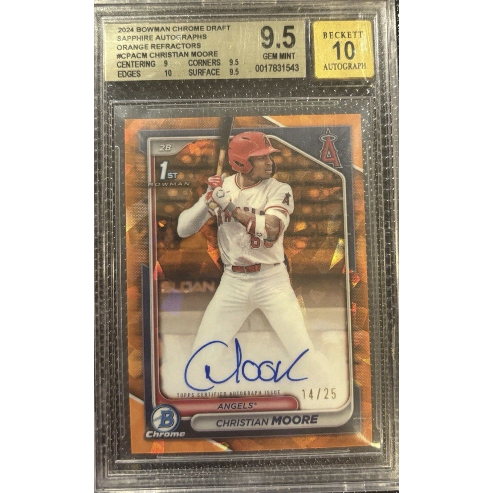 2024 Bowman Chrome Draft Christian Moore Orange Sapphire autograph card BGS 9.5 graded numbered 25 featuring Los Angeles Angels prospect