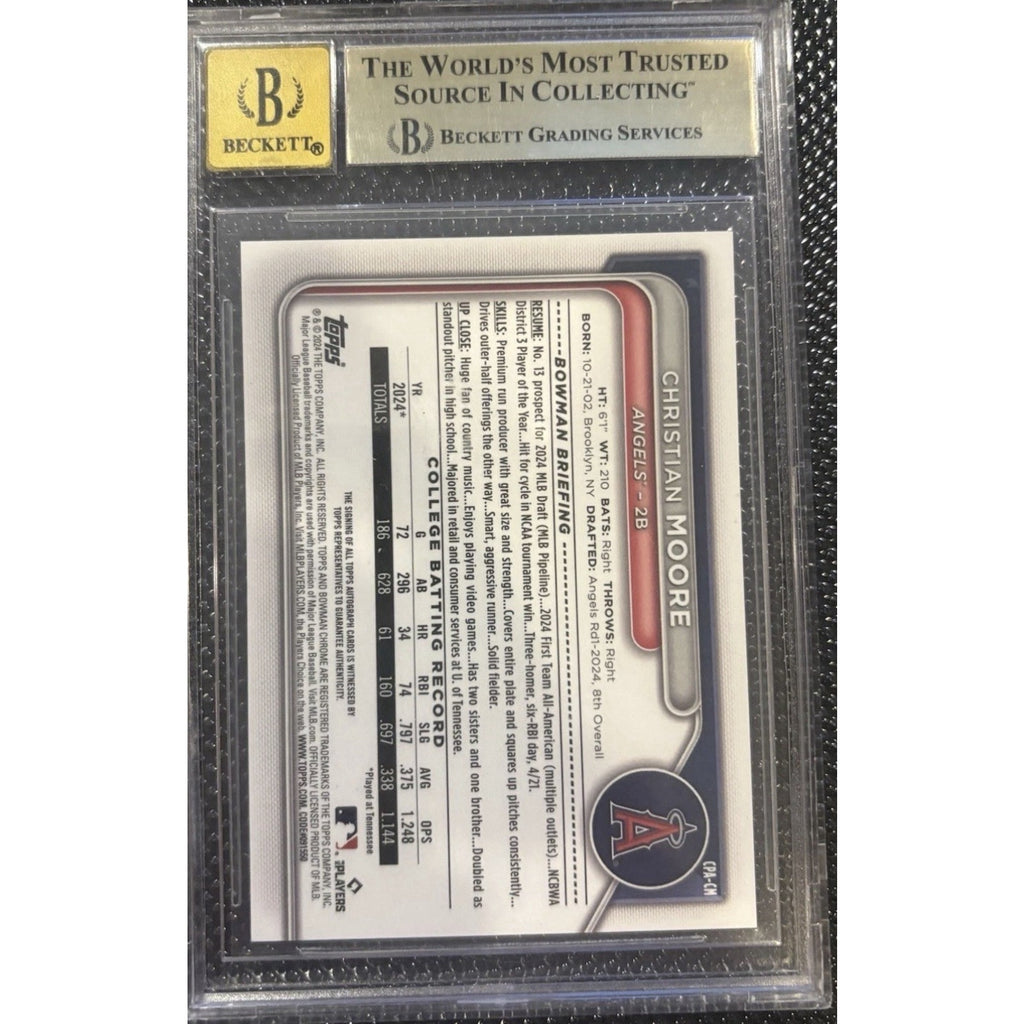 Back view of 2024 Bowman Chrome Draft Christian Moore Orange Sapphire auto card graded BGS 9.5
