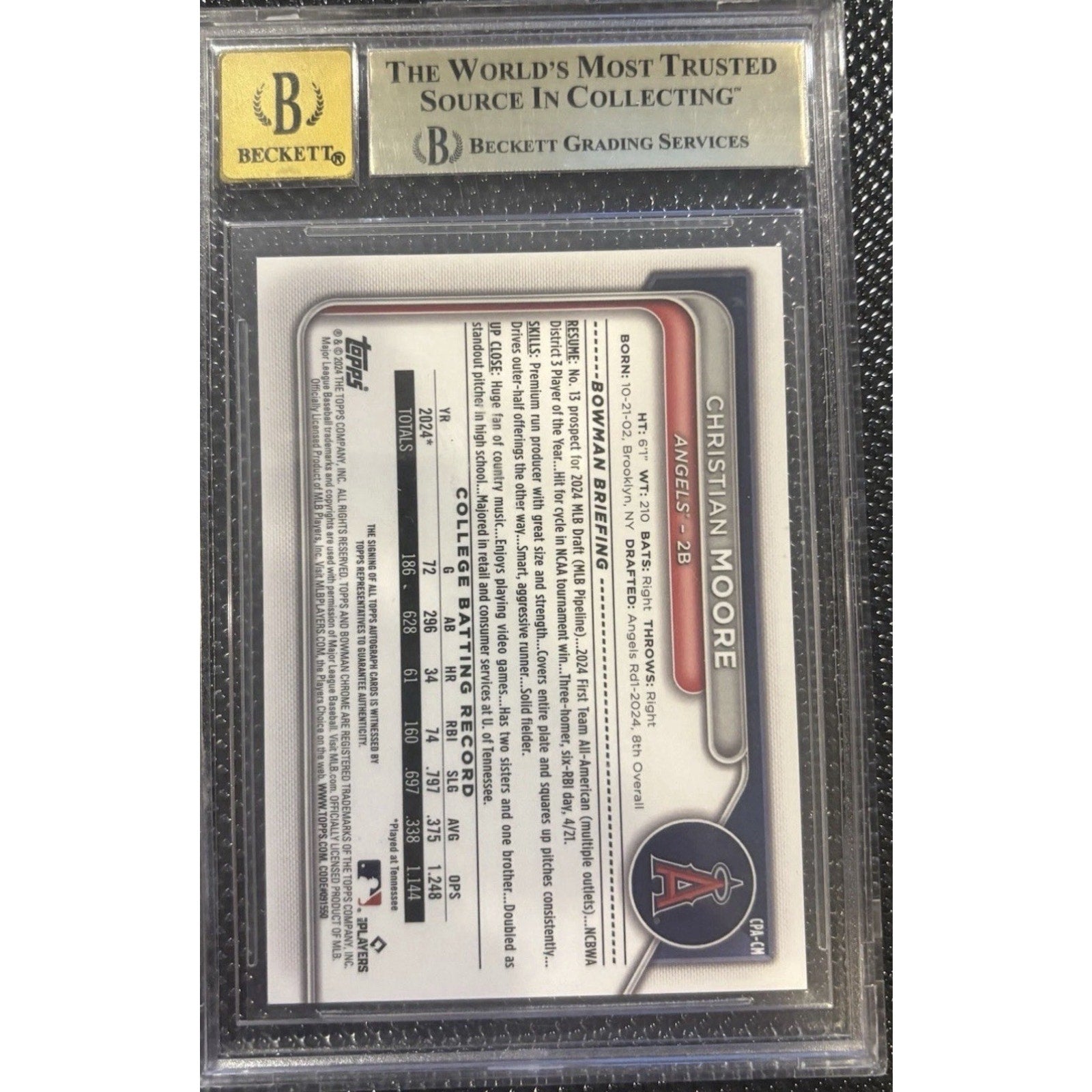 Back view of 2024 Bowman Chrome Draft Christian Moore Orange Sapphire auto card graded BGS 9.5