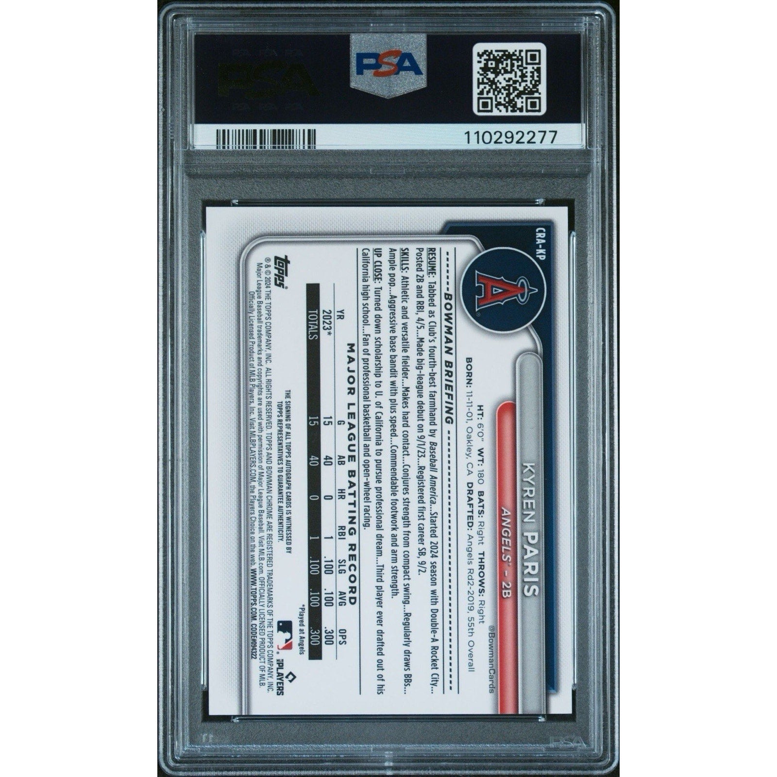 Back of Kyren Paris Bowman Chrome Mojo Refractor autograph card graded PSA 9