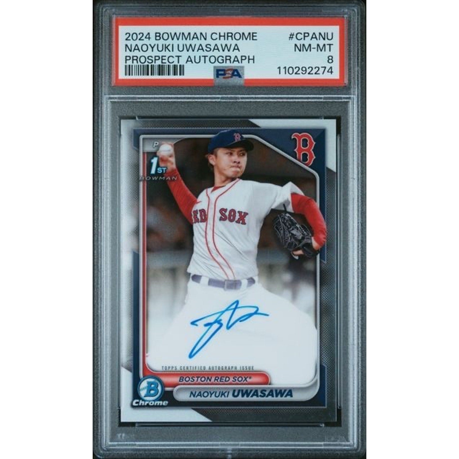 2024 Bowman Chrome Naoyuki Uwasawa 1st Bowman on-card autograph PSA rookie baseball card front view for Boston Red Sox