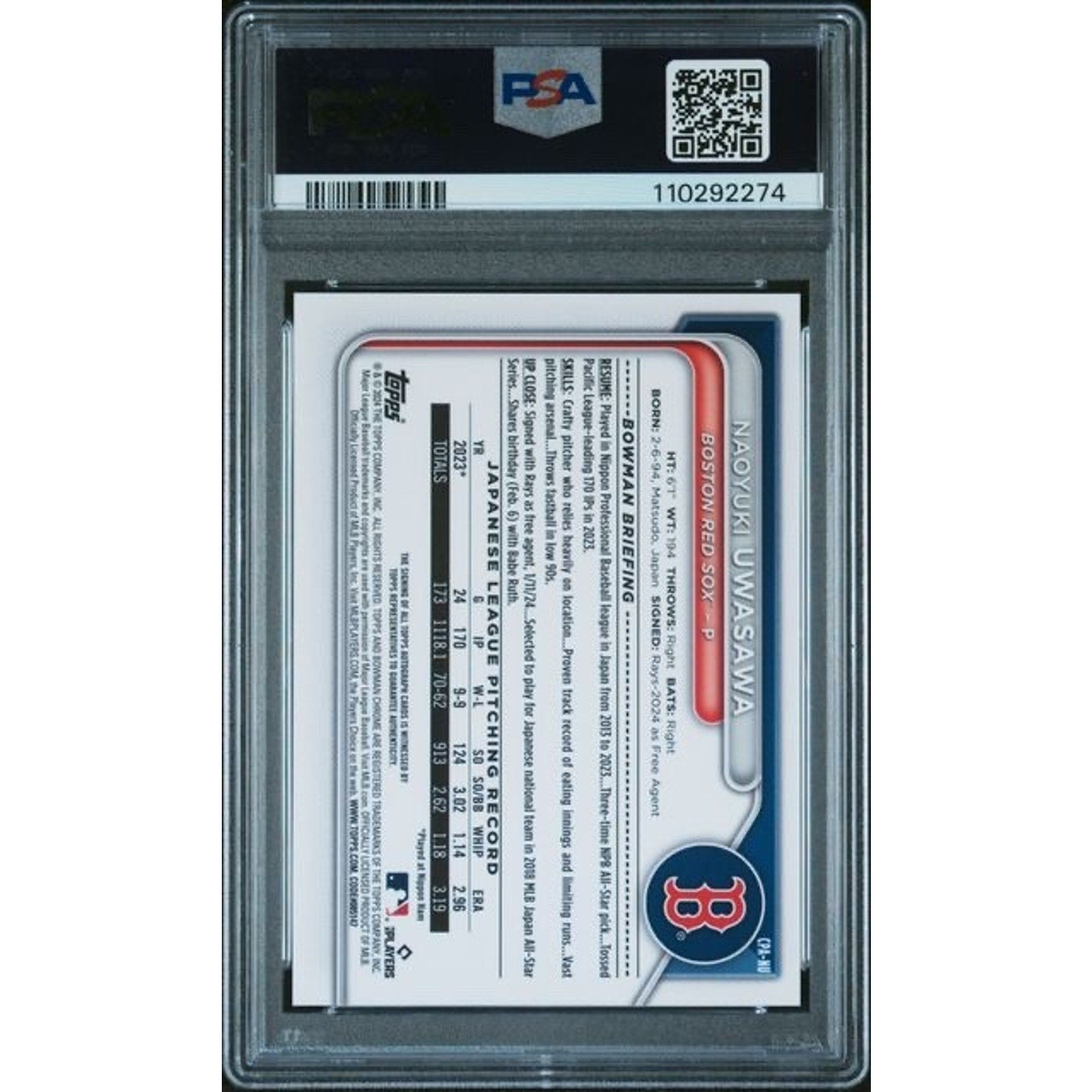 Back view of 2024 Bowman Chrome Naoyuki Uwasawa 1st Bowman auto baseball card graded and authenticated by PSA