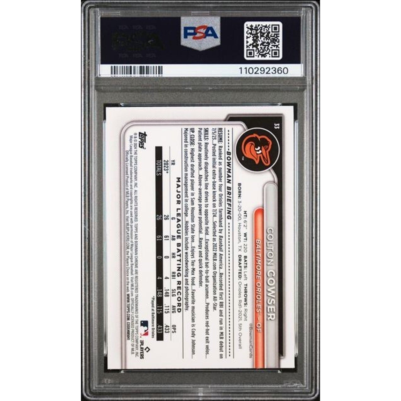 Back of Colton Cowser Bowman Chrome Sapphire Edition PSA 9 rookie card