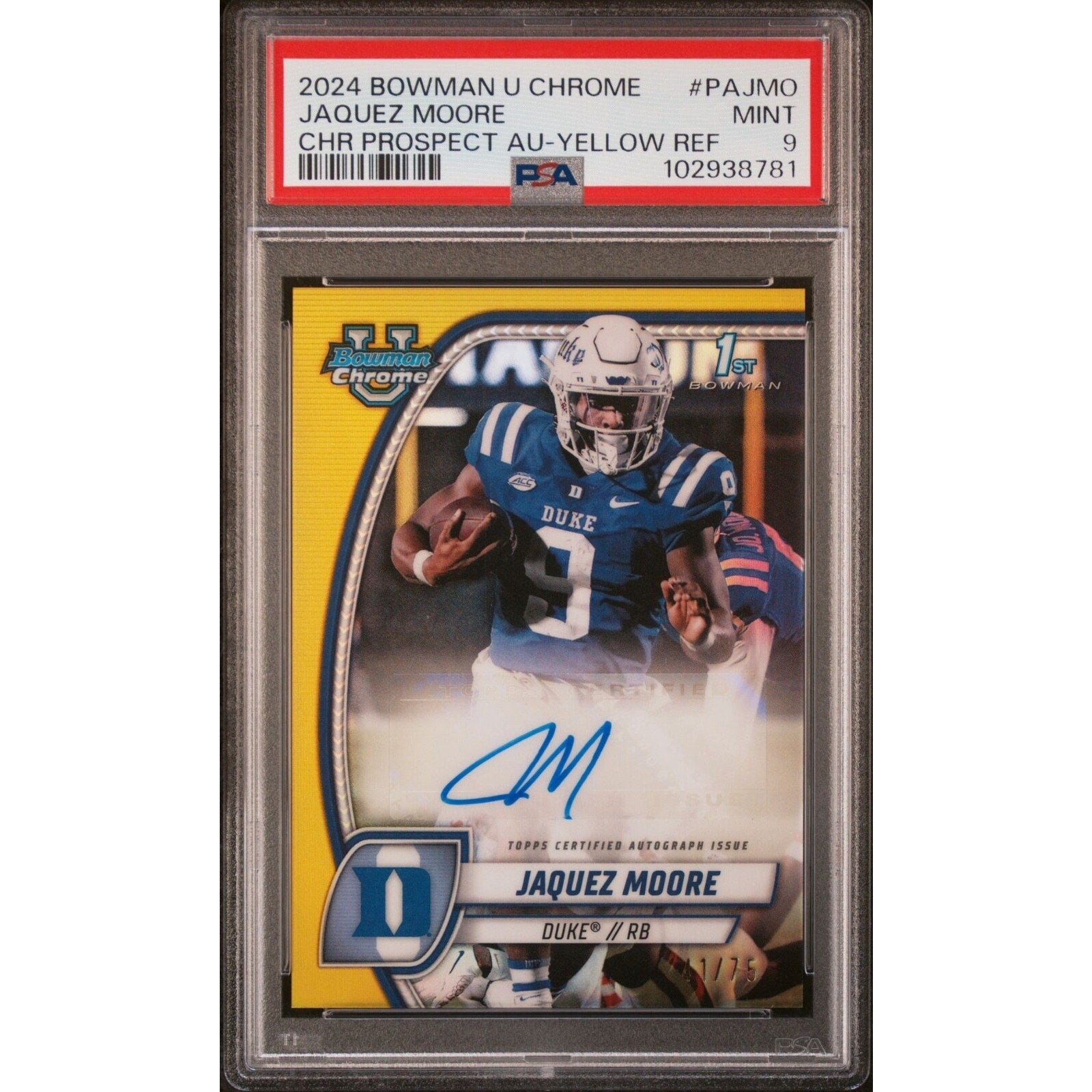 2024 Bowman Chrome U Jaquez Moore 1st autograph Yellow Refractor #PA-JMQ /75 PSA 9 Duke Blue Devils card front view