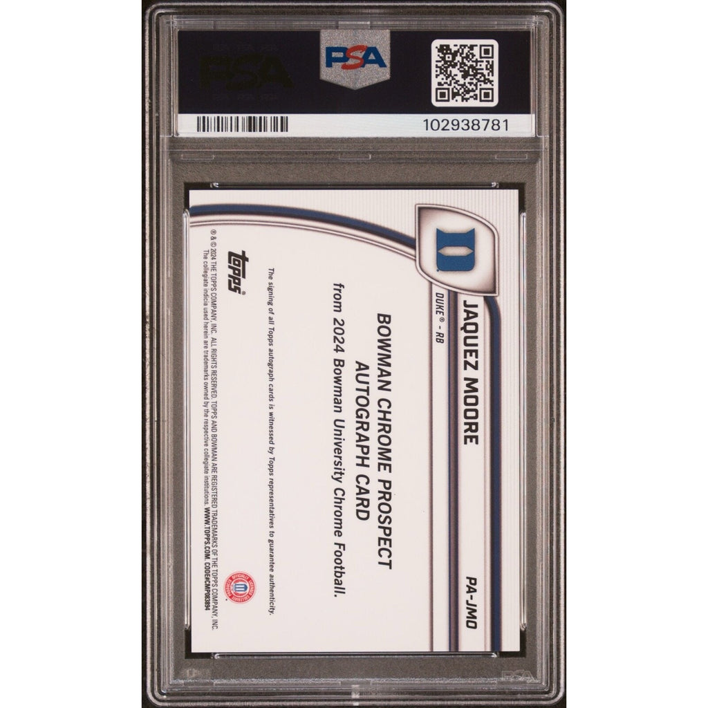 Back view of 2024 Bowman Chrome Jaquez Moore Yellow Refractor autograph card graded PSA 9 for Duke collectors