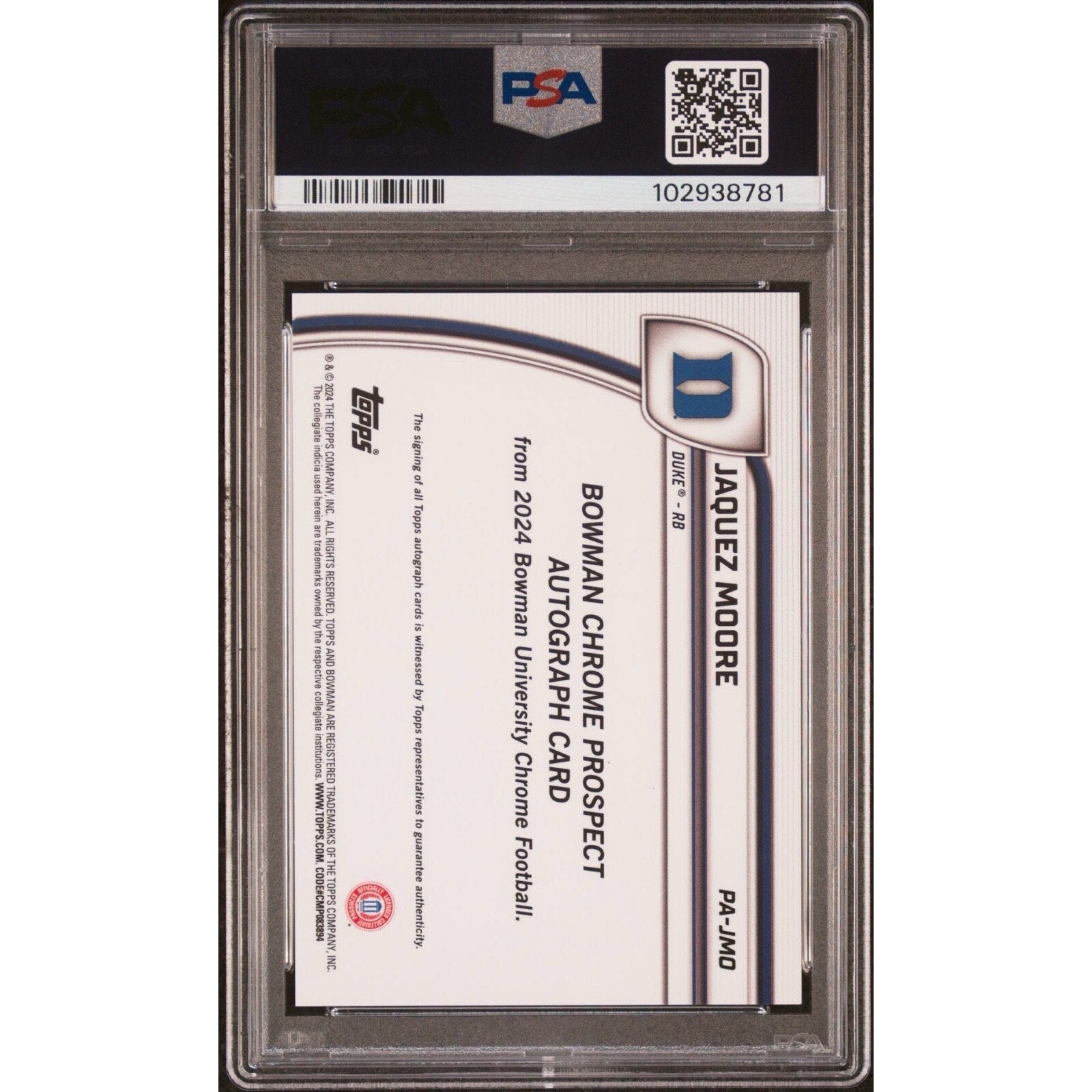 Back view of 2024 Bowman Chrome Jaquez Moore Yellow Refractor autograph card graded PSA 9 for Duke collectors