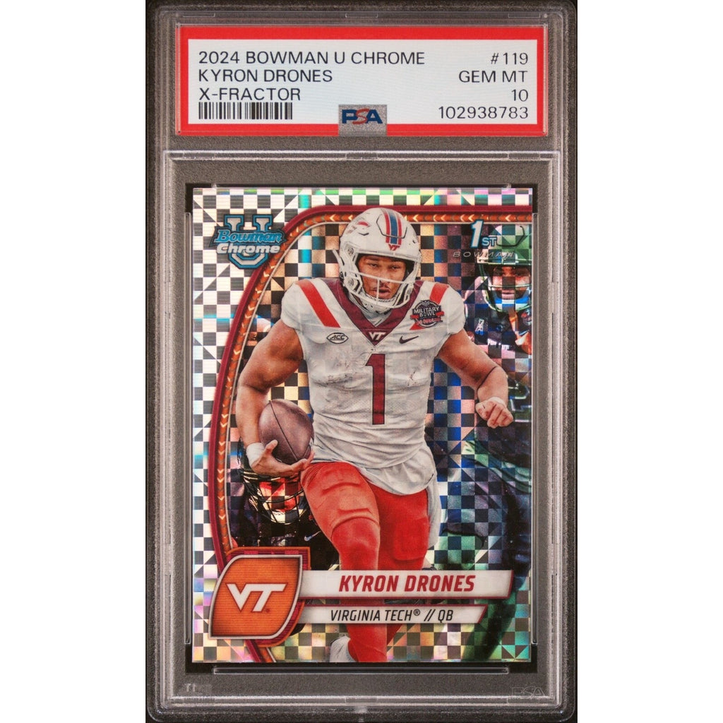 2024 Bowman Chrome U Kyron Drones 1st X-Fractor #119 PSA 10 Gem Mint Virginia Tech Hokies football card front view