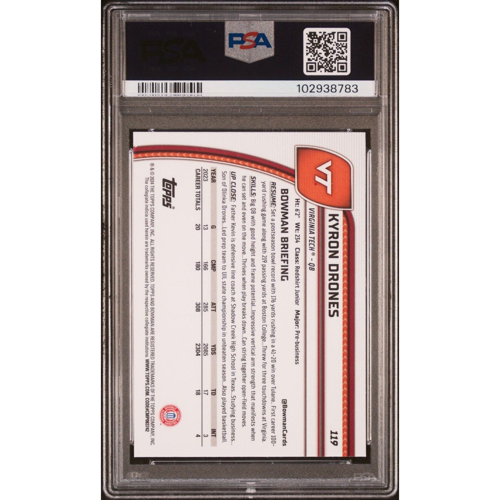 Back view of 2024 Bowman Chrome U Kyron Drones X-Fractor football card graded PSA 10 for Virginia Tech collectors