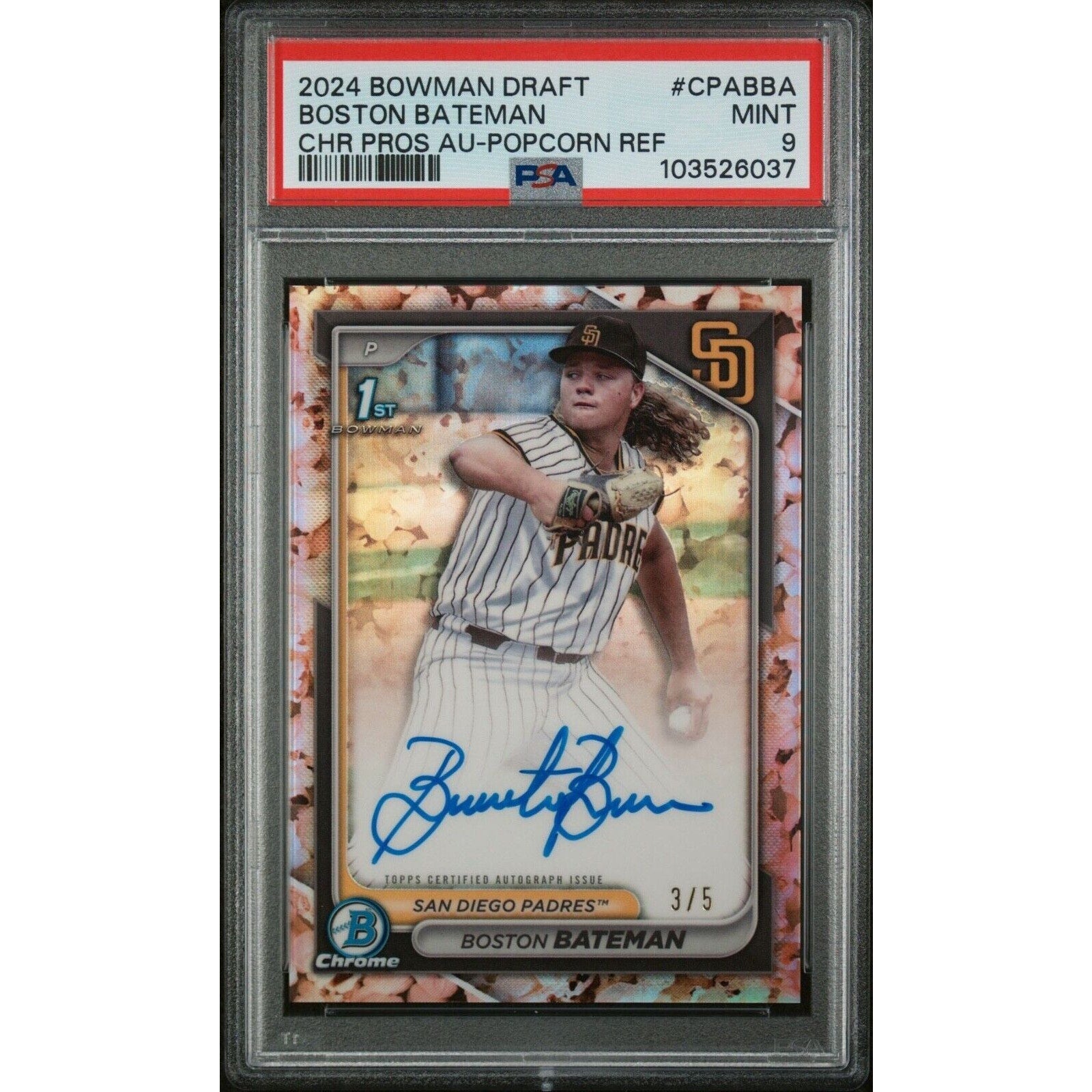 2024 Bowman Draft Boston Bateman 1st Bowman Popcorn Snack autograph card numbered to 5 PSA 9