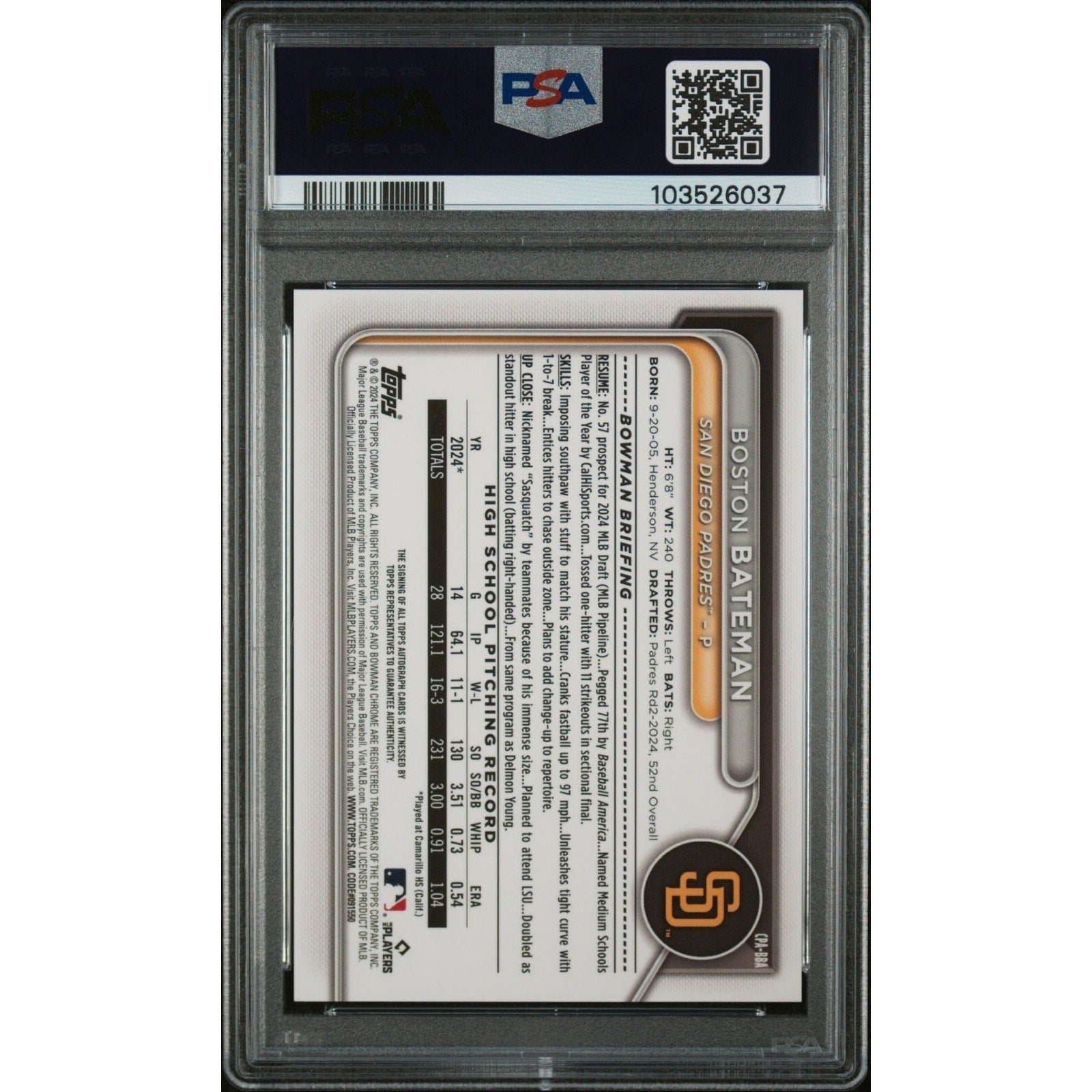 Back of 2024 Bowman Draft Boston Bateman Popcorn Snack auto Padres prospect card PSA authenticated collectible