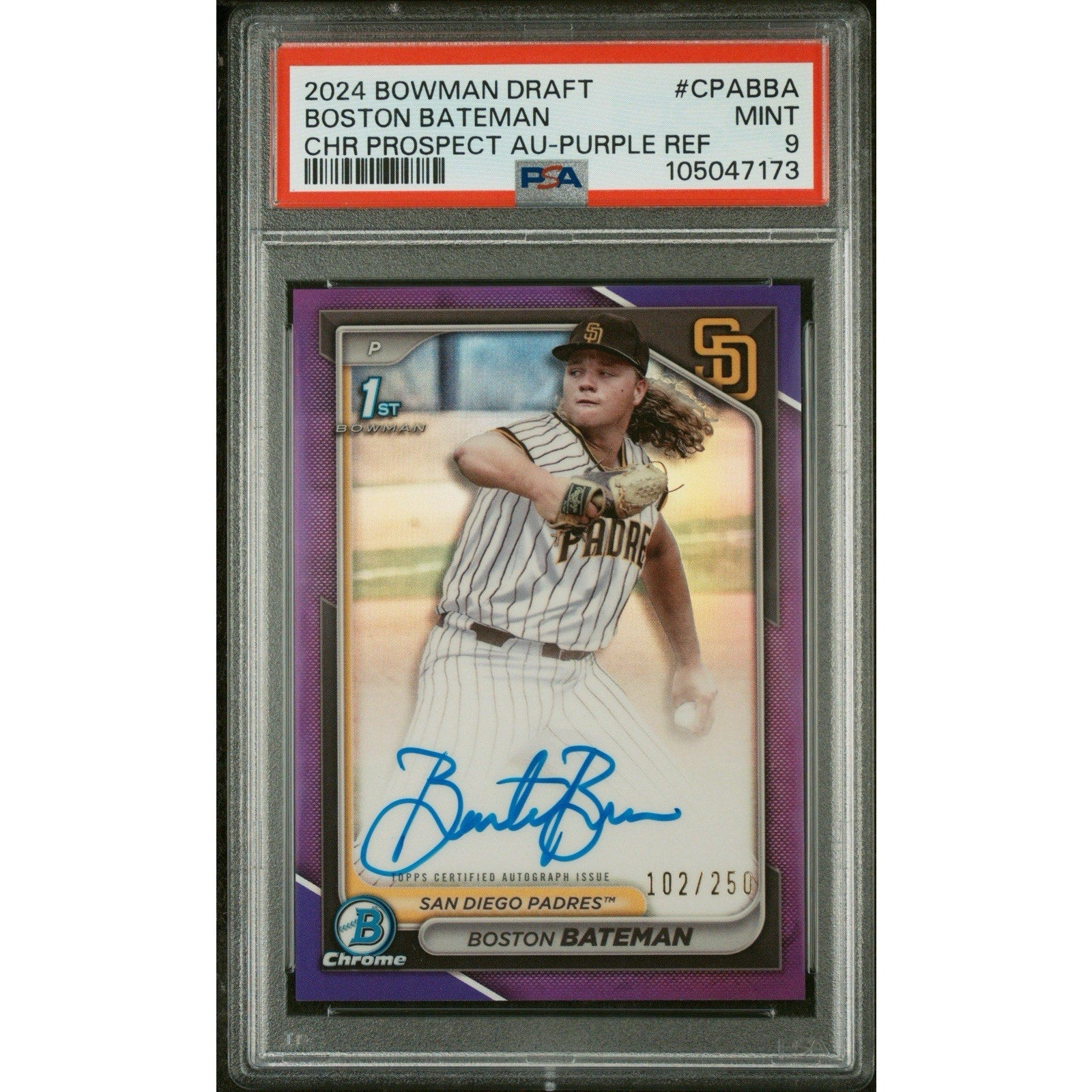 2024 Bowman Draft Boston Bateman Purple Refractor Auto /250 PSA 9 Padres card