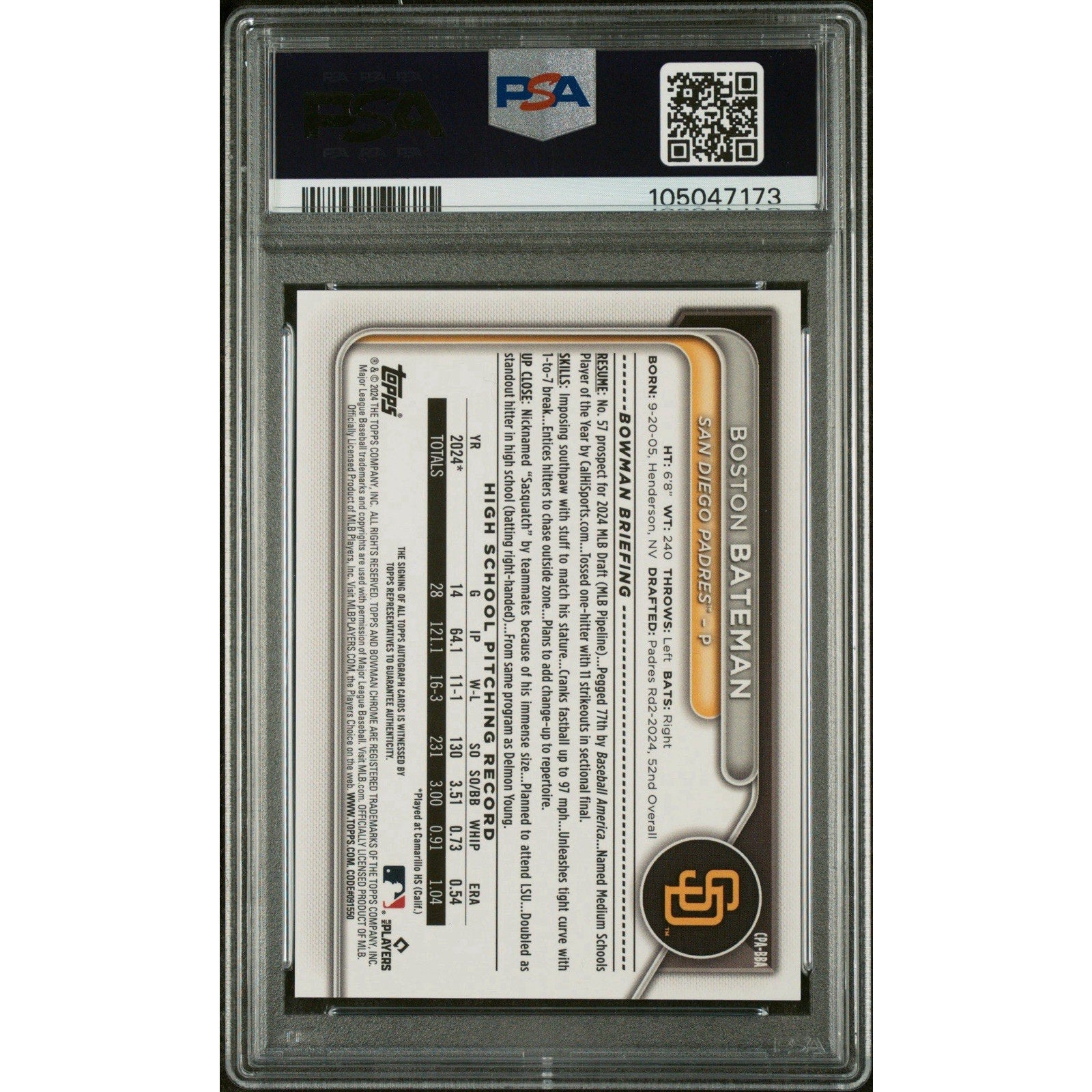 Back of Boston Bateman Bowman Draft Purple Refractor autograph card graded PSA 9
