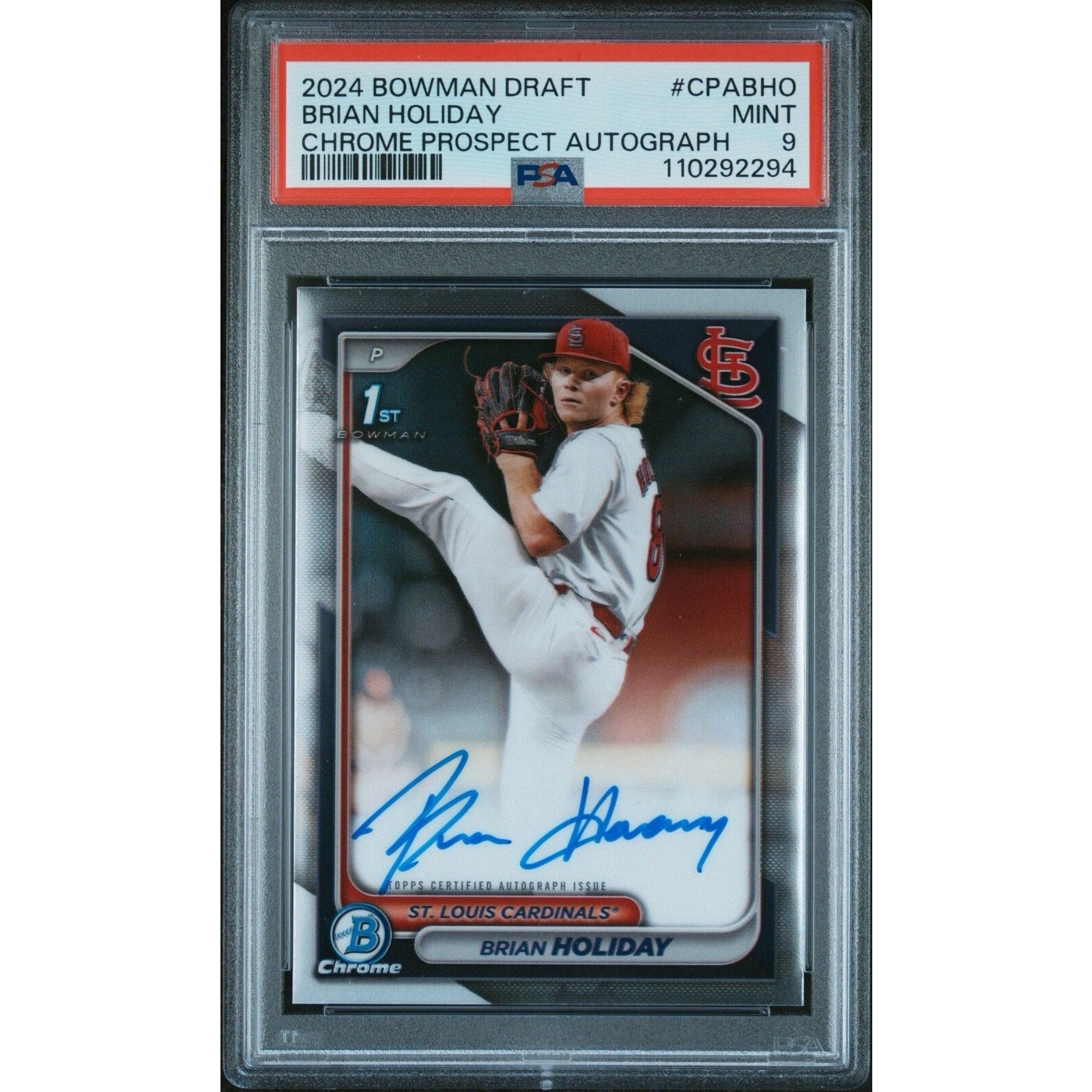 2024 Bowman Draft Brian Holiday 1st Bowman Chrome Auto PSA 9 Cardinals card front