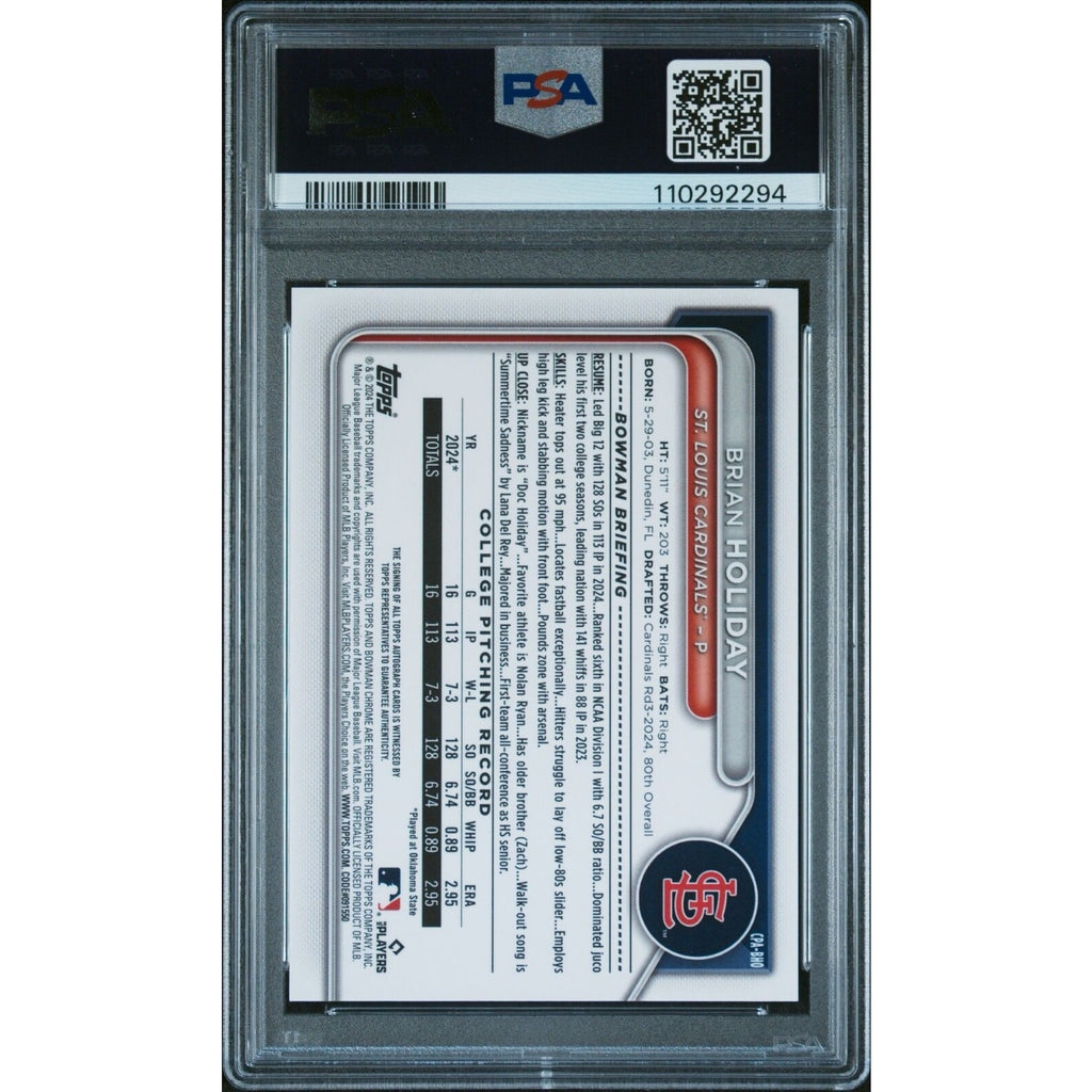 Back of 2024 Bowman Draft Brian Holiday Chrome Prospect Autographs PSA 9 card