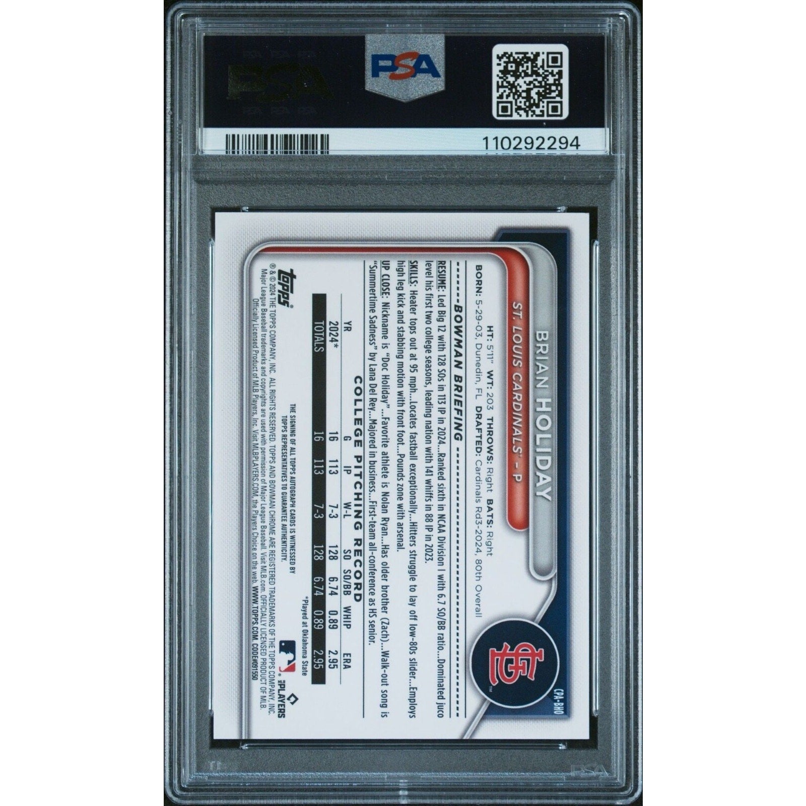 Back of 2024 Bowman Draft Brian Holiday Chrome Prospect Autographs PSA 9 card