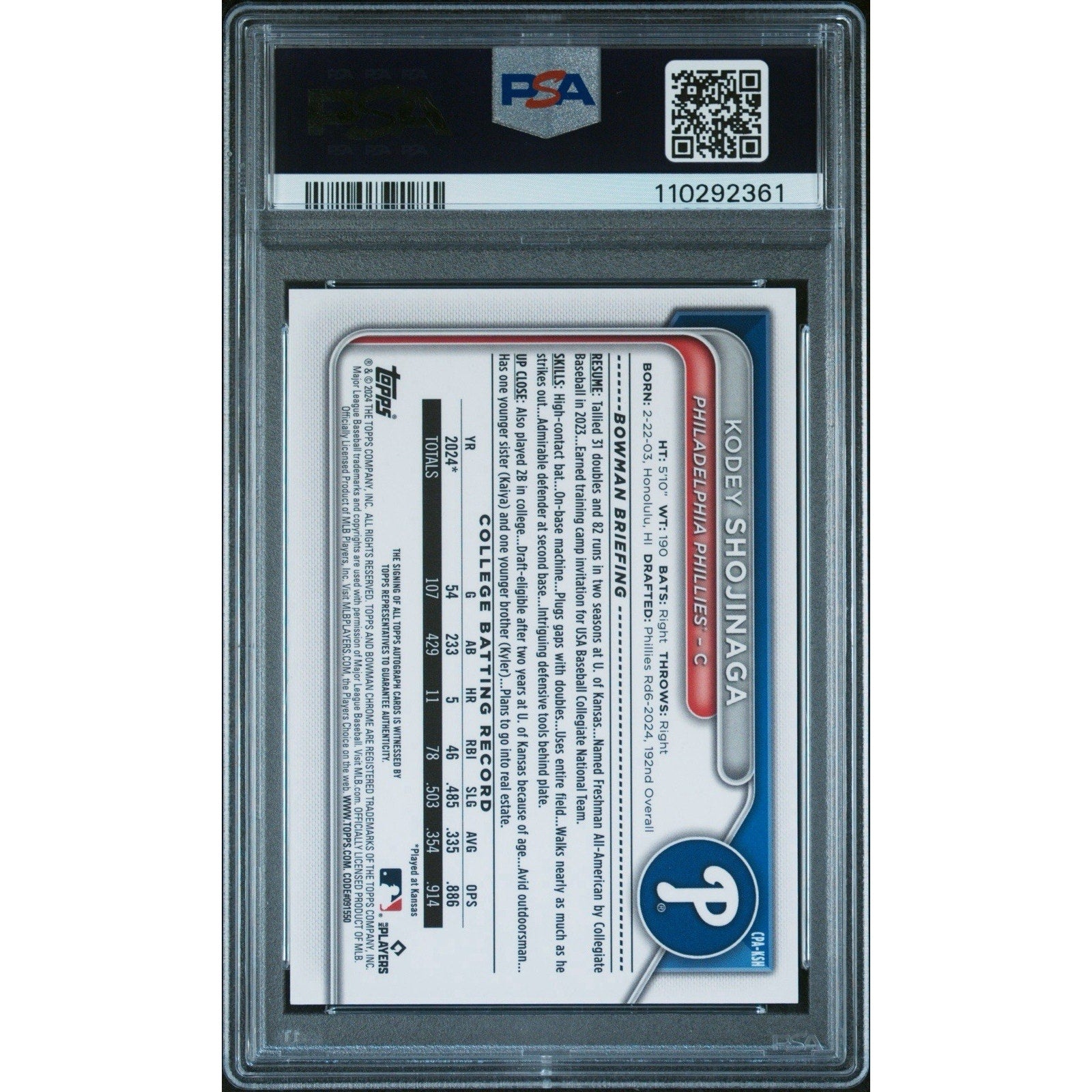Back of Kodey Shojinaga Bowman Draft Aqua Lava Refractor autograph PSA 10 card