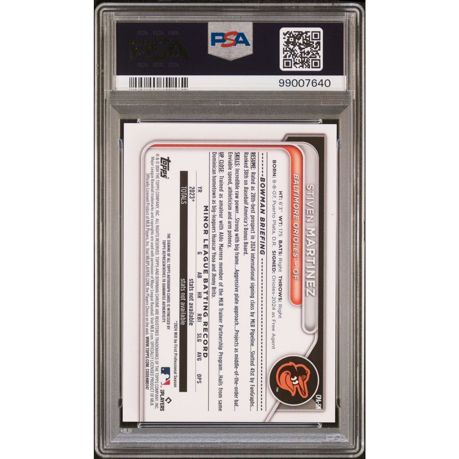 Back of Steven Martinez Bowman Draft Green Refractor autograph card graded PSA 9