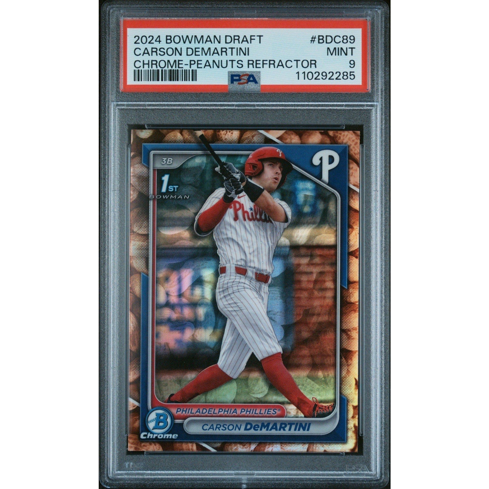 2024 Bowman Draft Carson DeMartini Peanuts Refractor PSA 9 Phillies card front