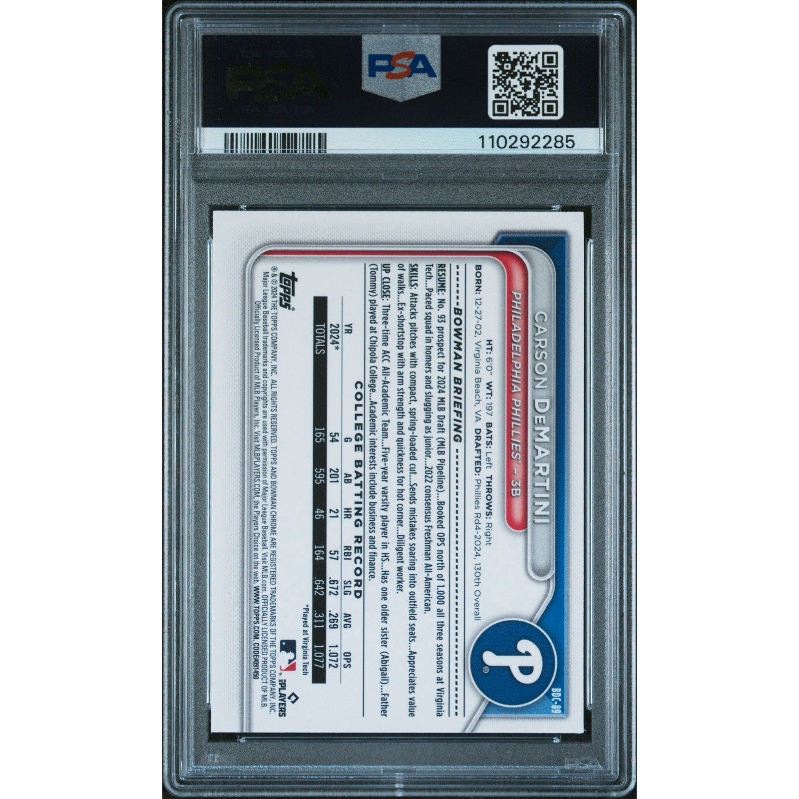 Back of 2024 Bowman Draft Carson DeMartini Peanuts Refractor PSA 9 card