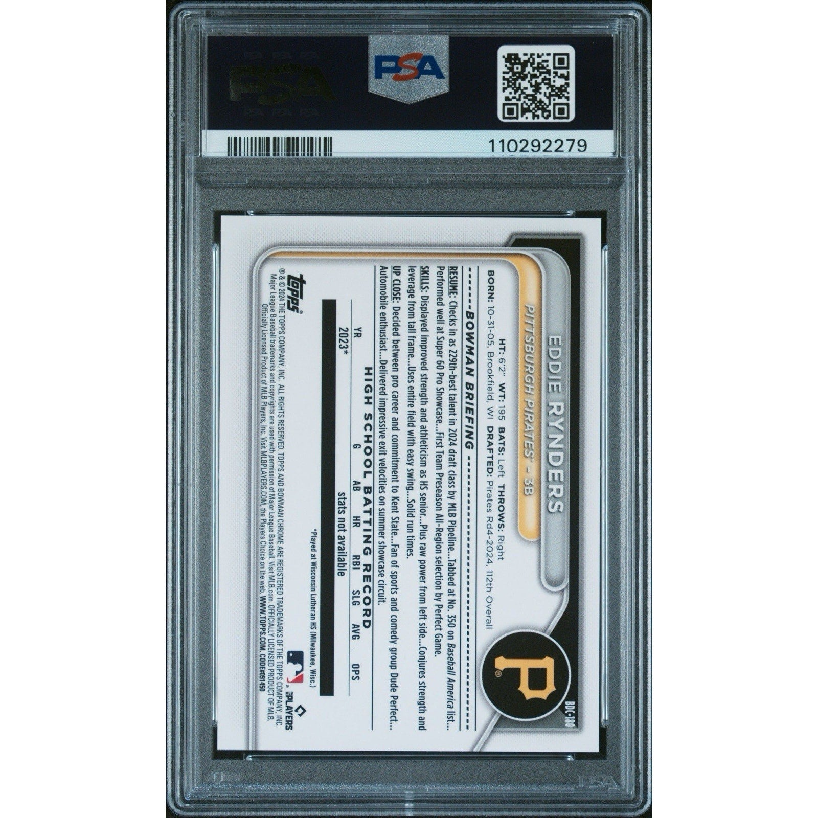 Back of 2024 Bowman Draft Eddie Rynders Black Refractor PSA 9 card