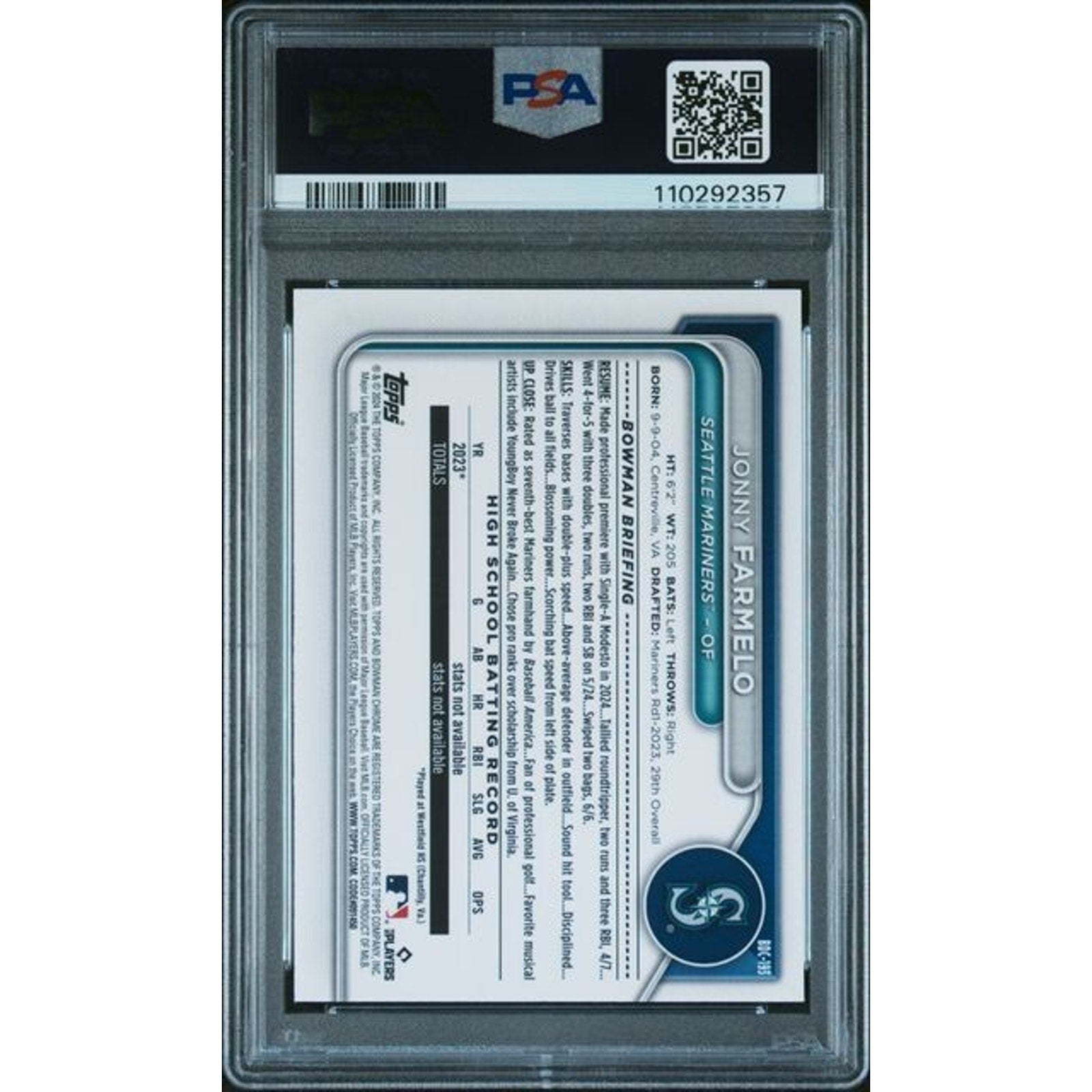 Back of Jonny Farmelo Bowman Draft Chrome Blue Refractor PSA 10 card