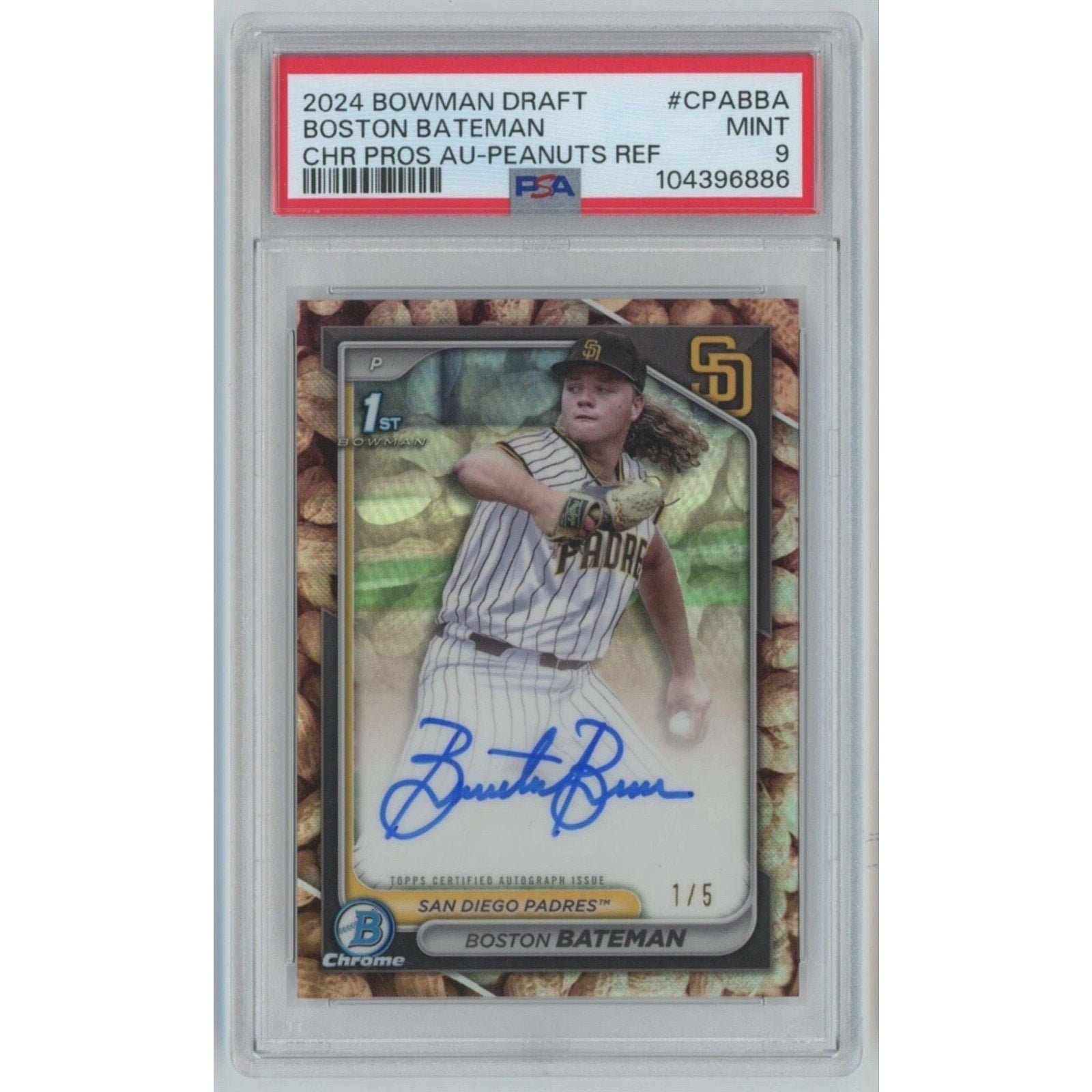 2024 Bowman Draft Boston Bateman Peanuts Refractor Auto /5 PSA 9 card front