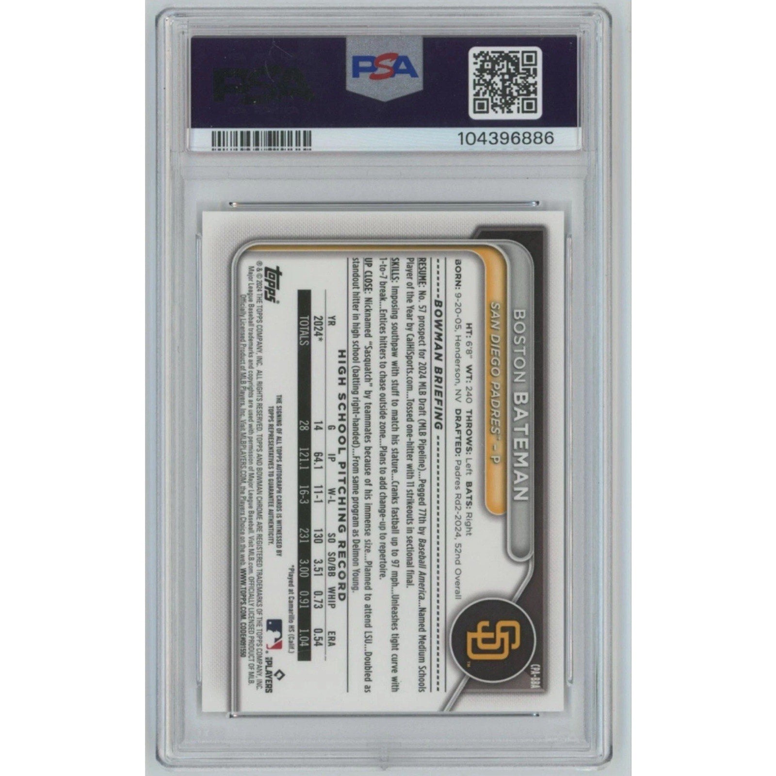 Back of Boston Bateman Bowman Draft Peanuts Refractor autograph PSA 9 card