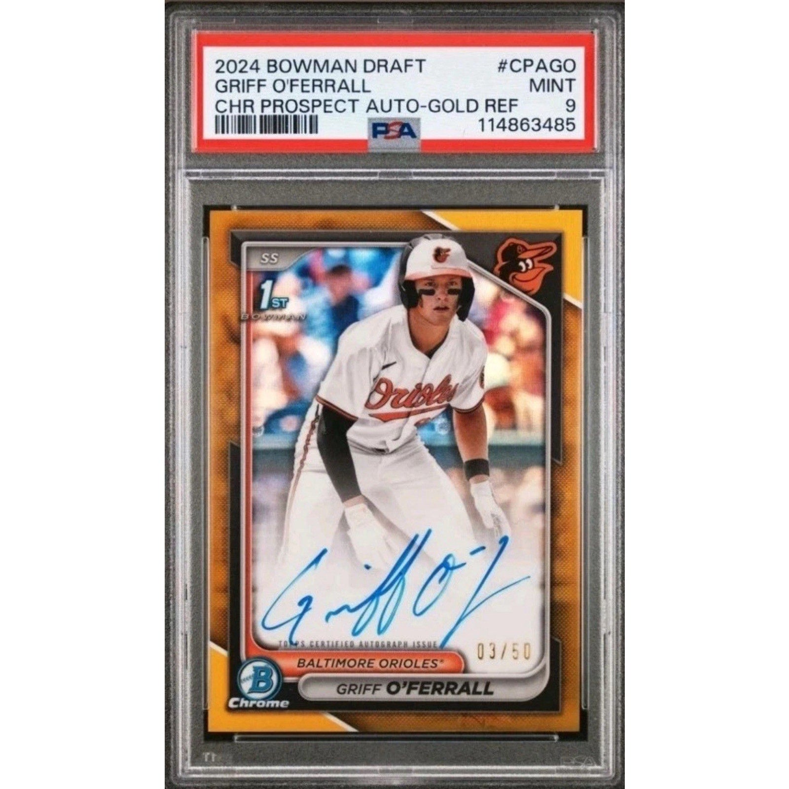 2024 Bowman Draft Griff O'Ferrall Chrome Prospect Auto Gold Wave Refractor /50 PSA 9 baseball card front view