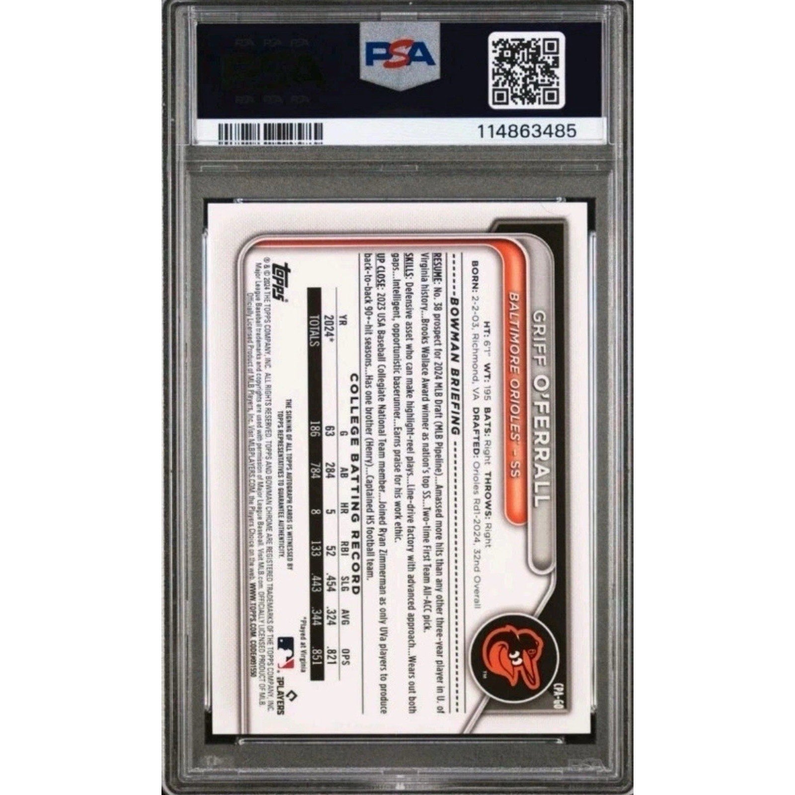 Back view of 2024 Bowman Draft Griff O'Ferrall Gold Wave autograph prospect card graded PSA 9 for Baltimore Orioles collectors