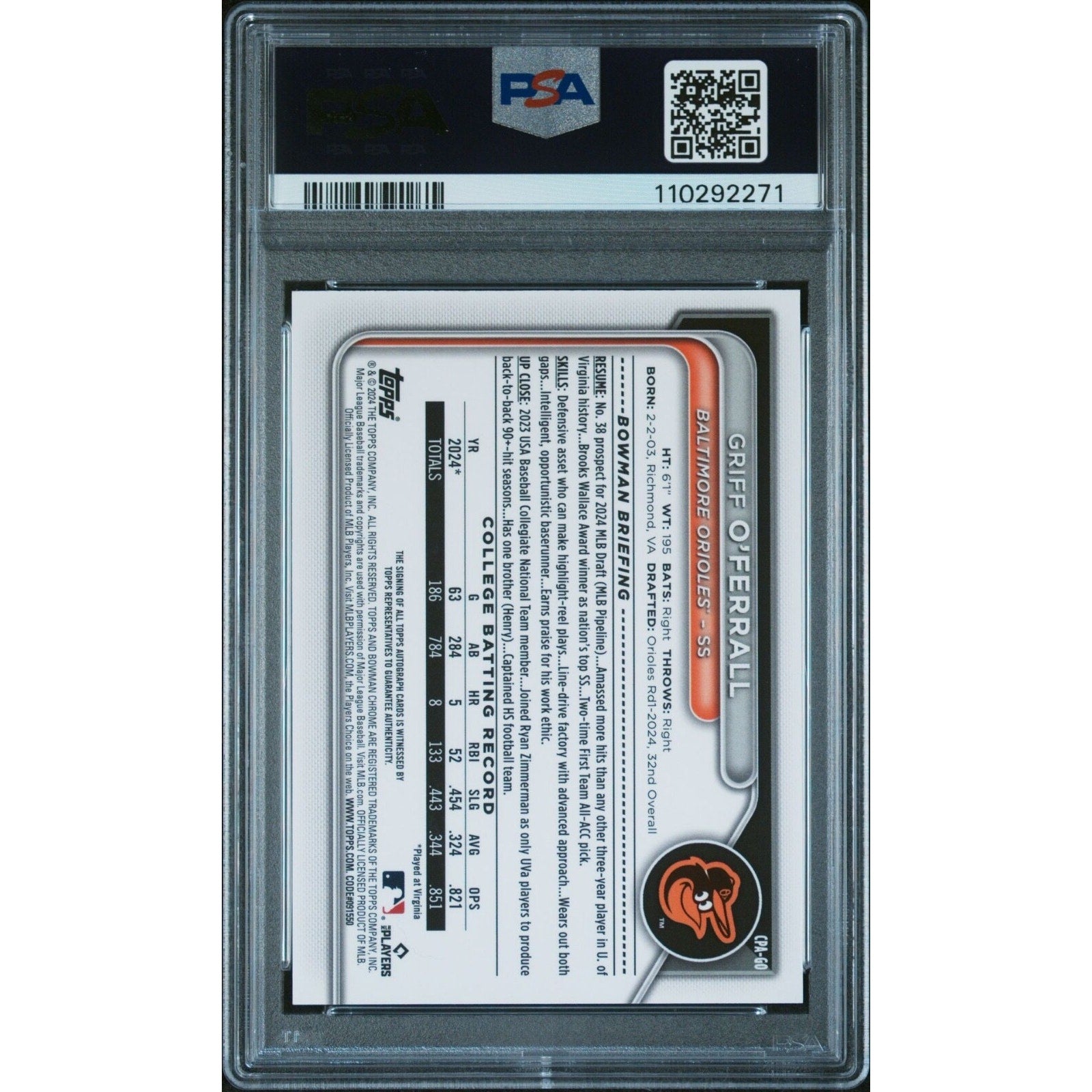 Back of Griff O'Ferrall Bowman Draft Chrome Snack Refractor autograph PSA 10 card