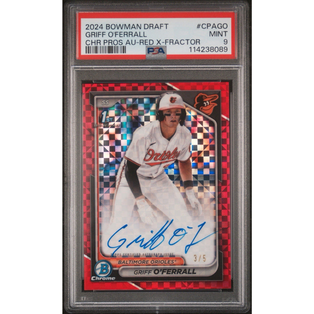2024 Bowman Draft Griff O’Ferrall Red X-Fractor autograph rookie card numbered 3/5 graded PSA 9