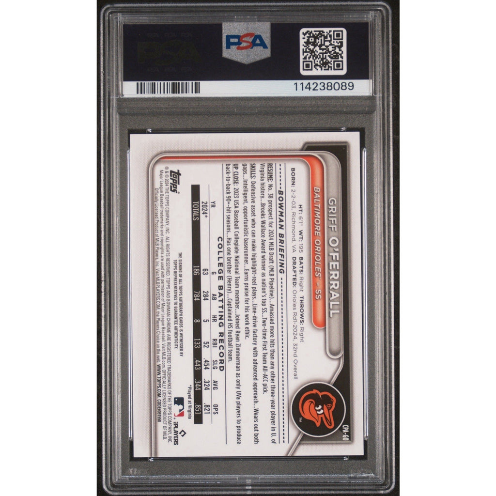 Back of PSA 9 graded 2024 Bowman Draft Griff O’Ferrall Red X-Fractor auto rookie card