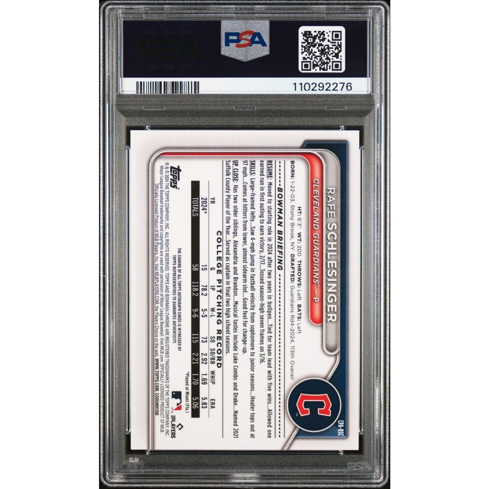 Back of Rafe Schlesinger Bowman Draft Chrome autograph Blue Wave PSA 10 card