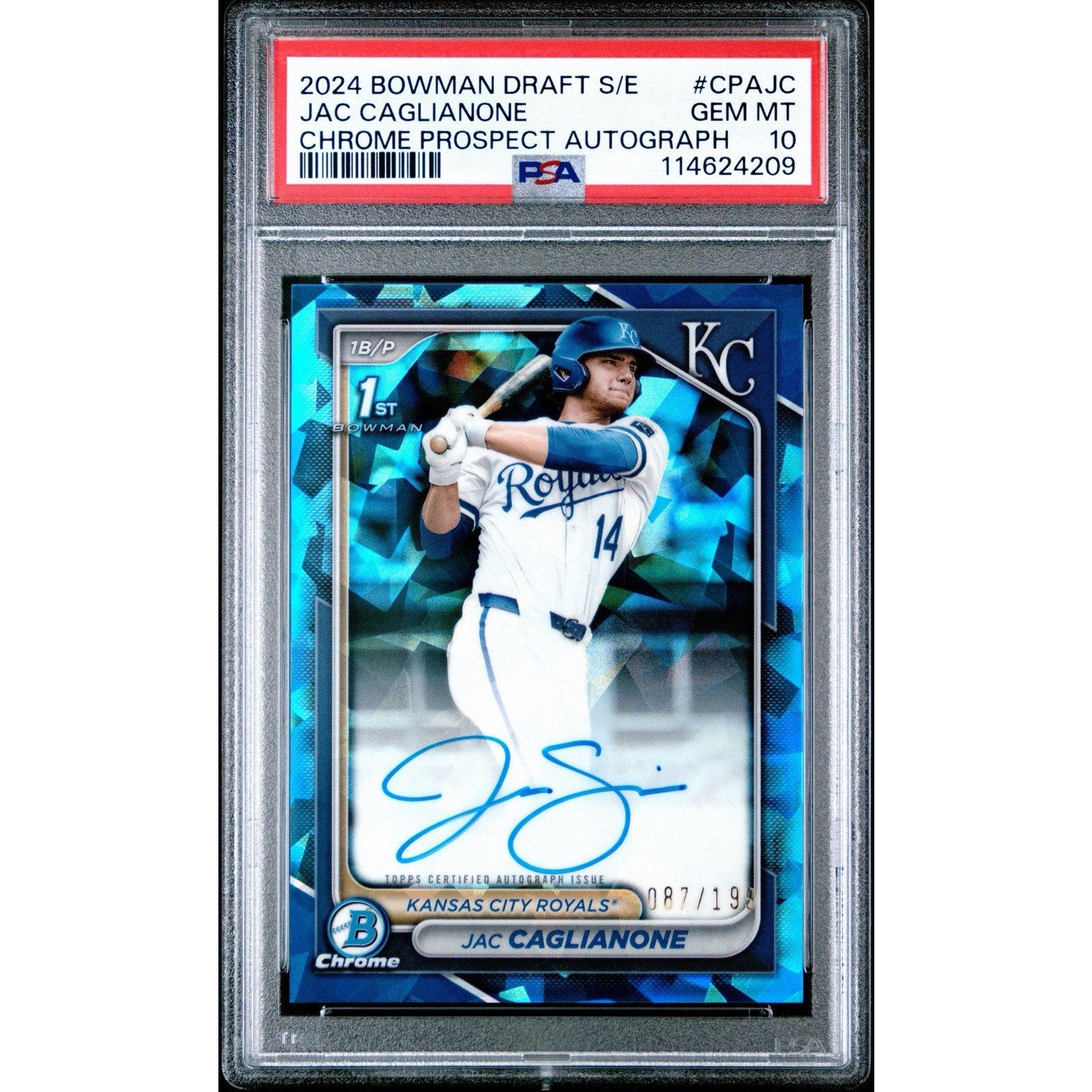 Front view of a 2024 Bowman Draft Sapphire Jac Caglianone Chrome Prospect Autographs card numbered 7/199 with certified autograph and PSA 10 grade