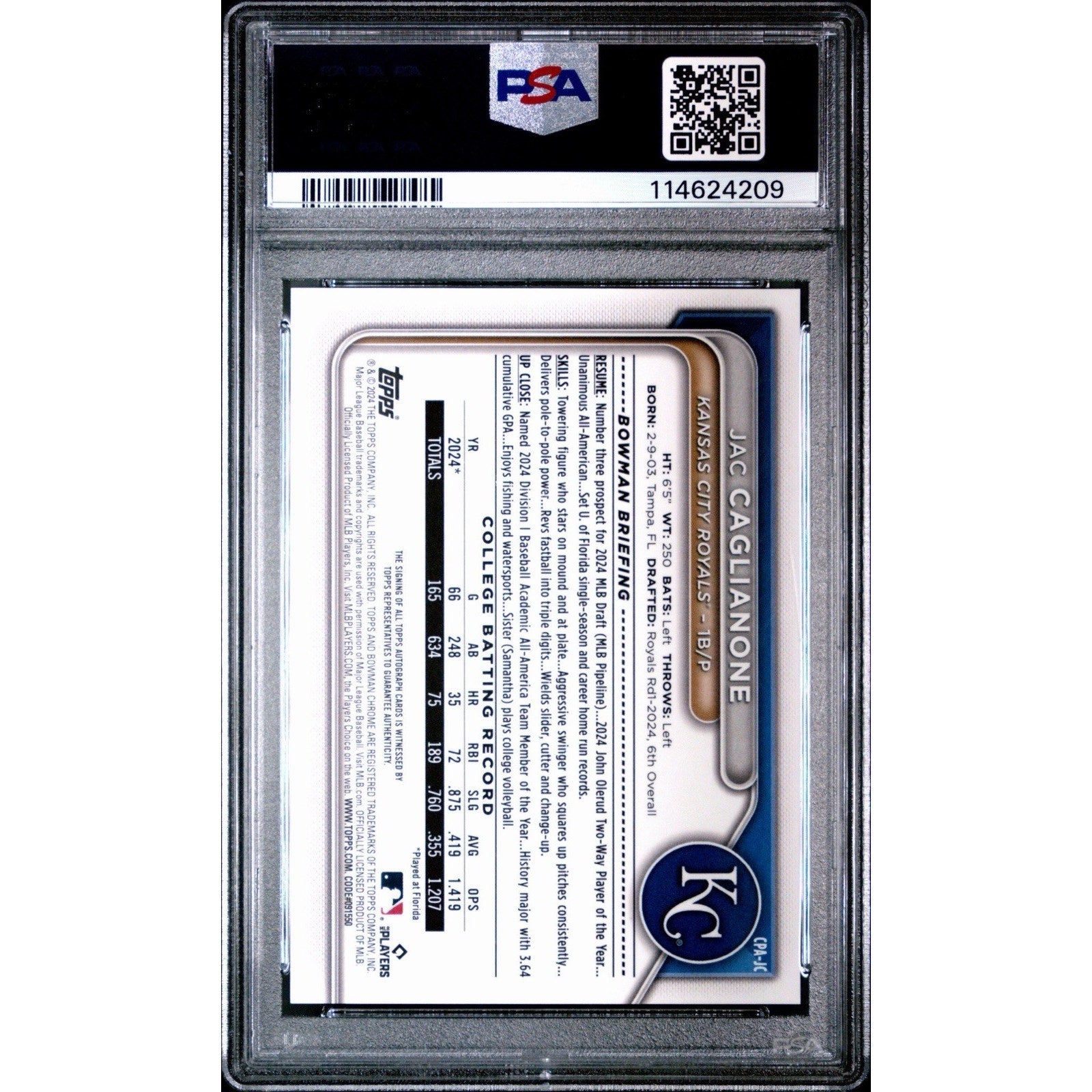 Back view of the Jac Caglianone Bowman Draft Sapphire autograph card inside PSA slab showing player information and certification details