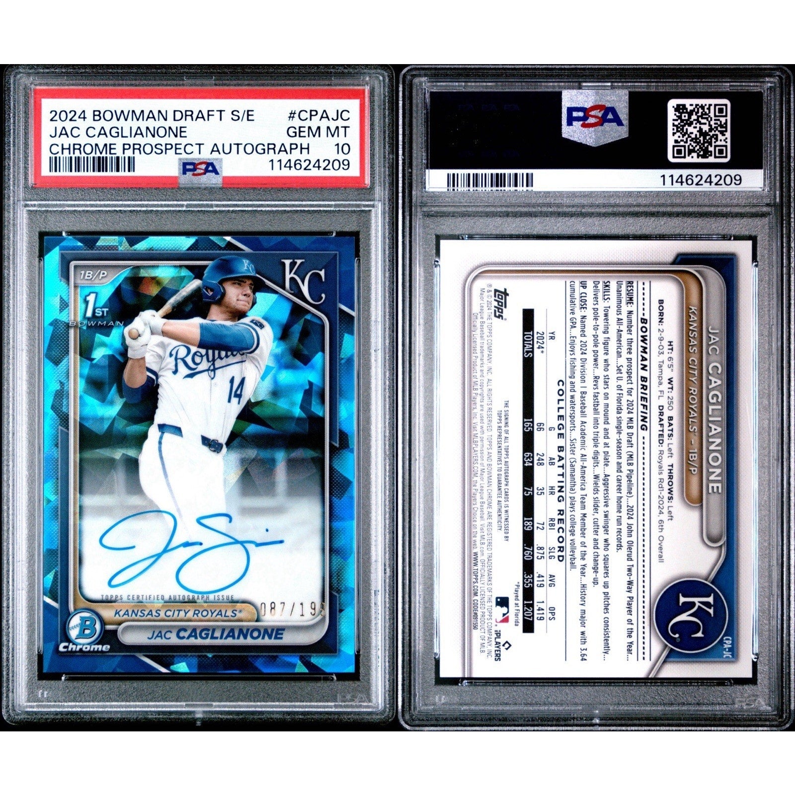Alternate angled front and back slab views of the PSA 10 Jac Caglianone Sapphire autograph card