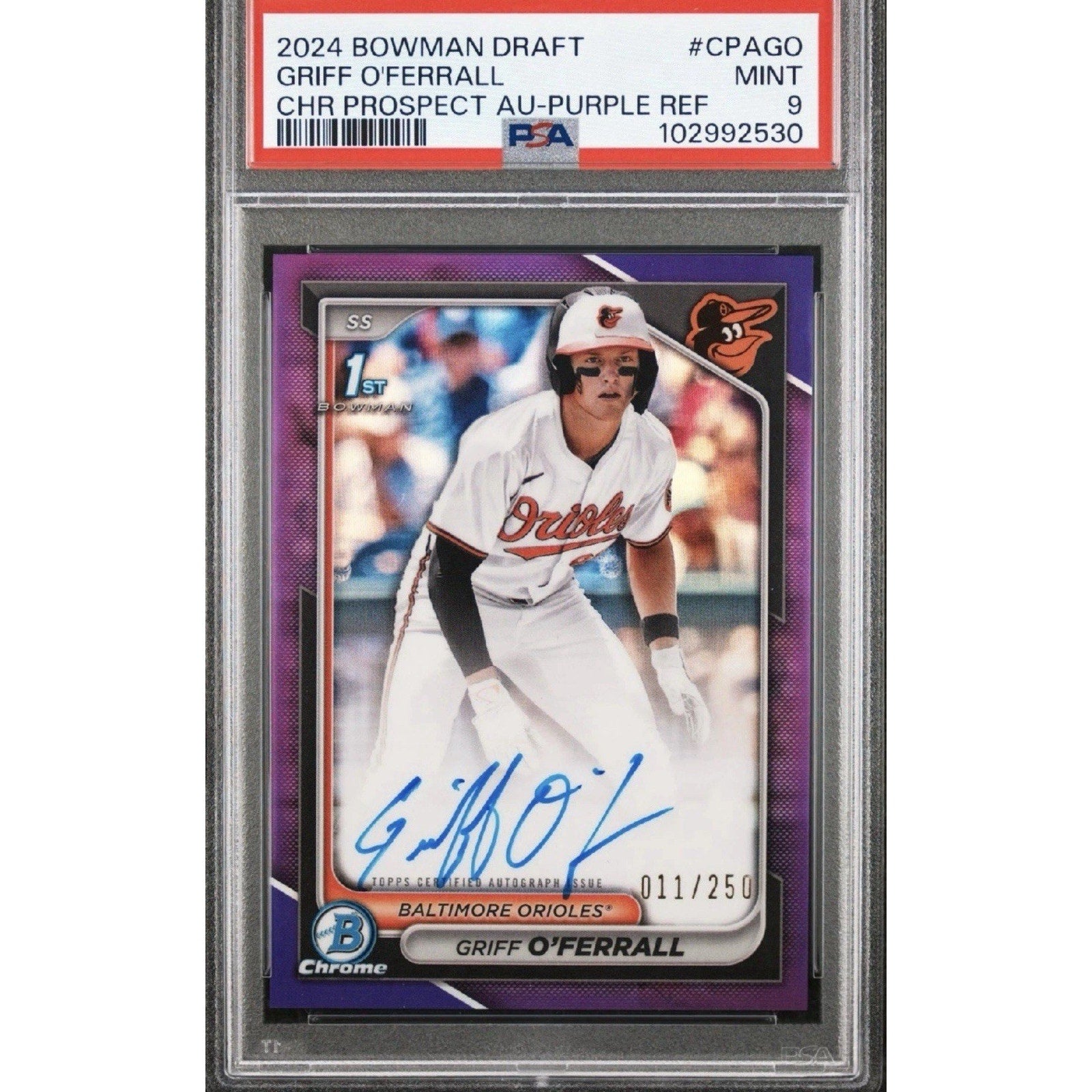 2024 Bowman Draft Griff O'Ferrall 1st Purple Refractor Auto /250 PSA 9 Orioles card