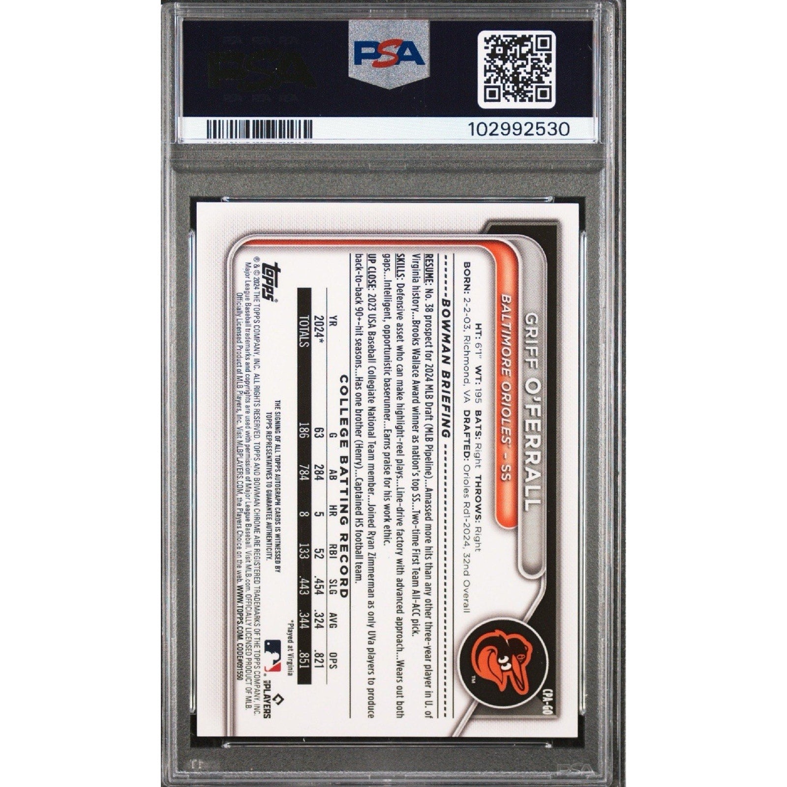 Back of Griff O'Ferrall Bowman Draft Purple Refractor autograph card graded PSA 9