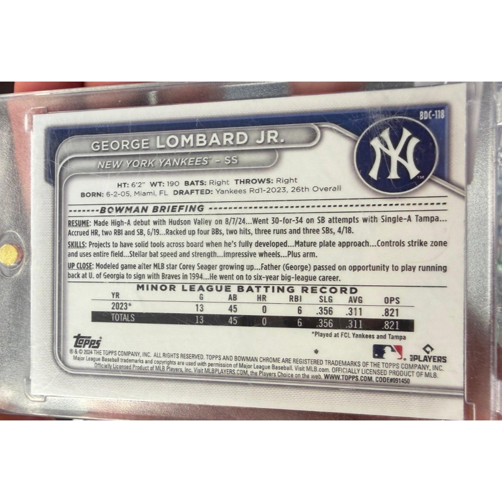 2024 Bowman Sapphire George Lombard Jr. #BDC-118 prospect card back featuring player information and scouting details