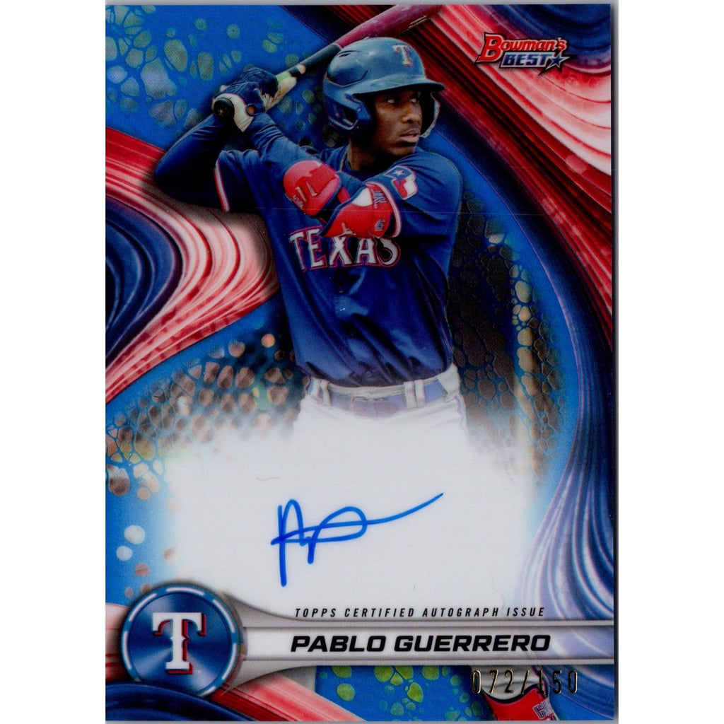 2024 Bowman’s Best Pablo Guerrero Blue Parallel autograph card #B24-PG /150 Texas Rangers baseball card front view