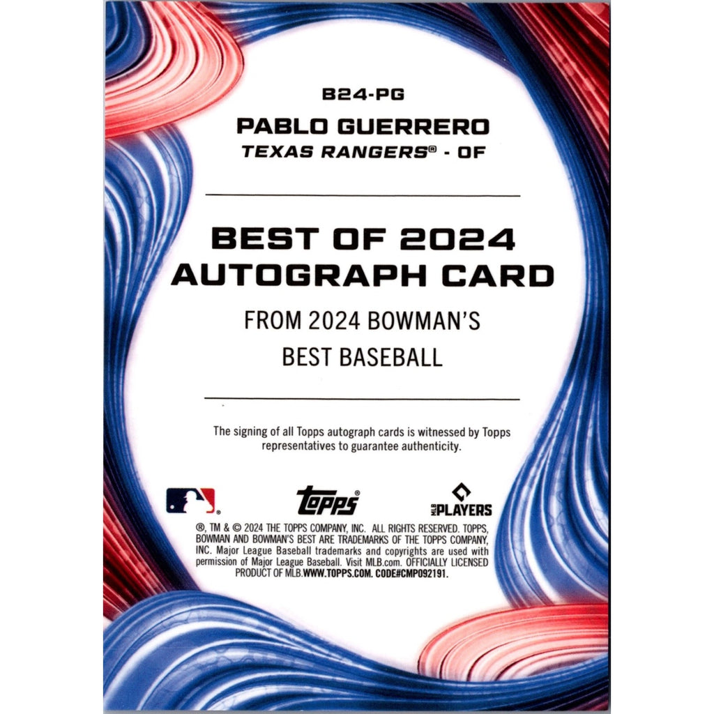 Back view of 2024 Bowman’s Best Pablo Guerrero autograph baseball card Blue Parallel numbered to 150