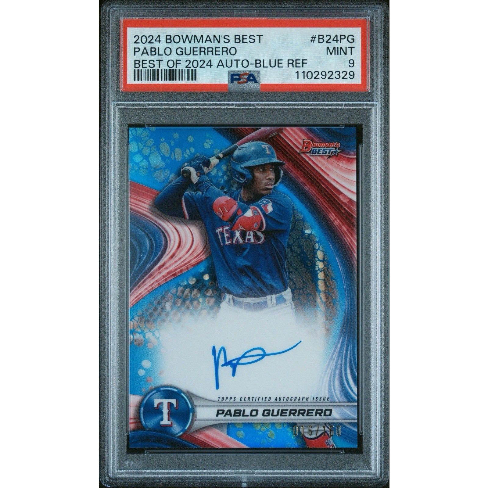 2024 Bowman’s Best Pablo Guerrero Blue Refractor autograph rookie card #B24-PG /150 PSA 9 Texas Rangers front view