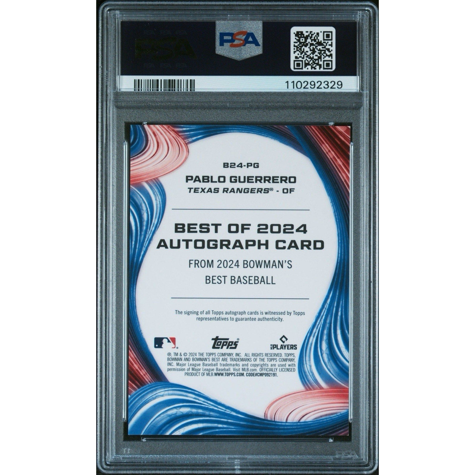 Back view of 2024 Bowman’s Best Pablo Guerrero Blue Refractor auto baseball card graded PSA 9 numbered to 150