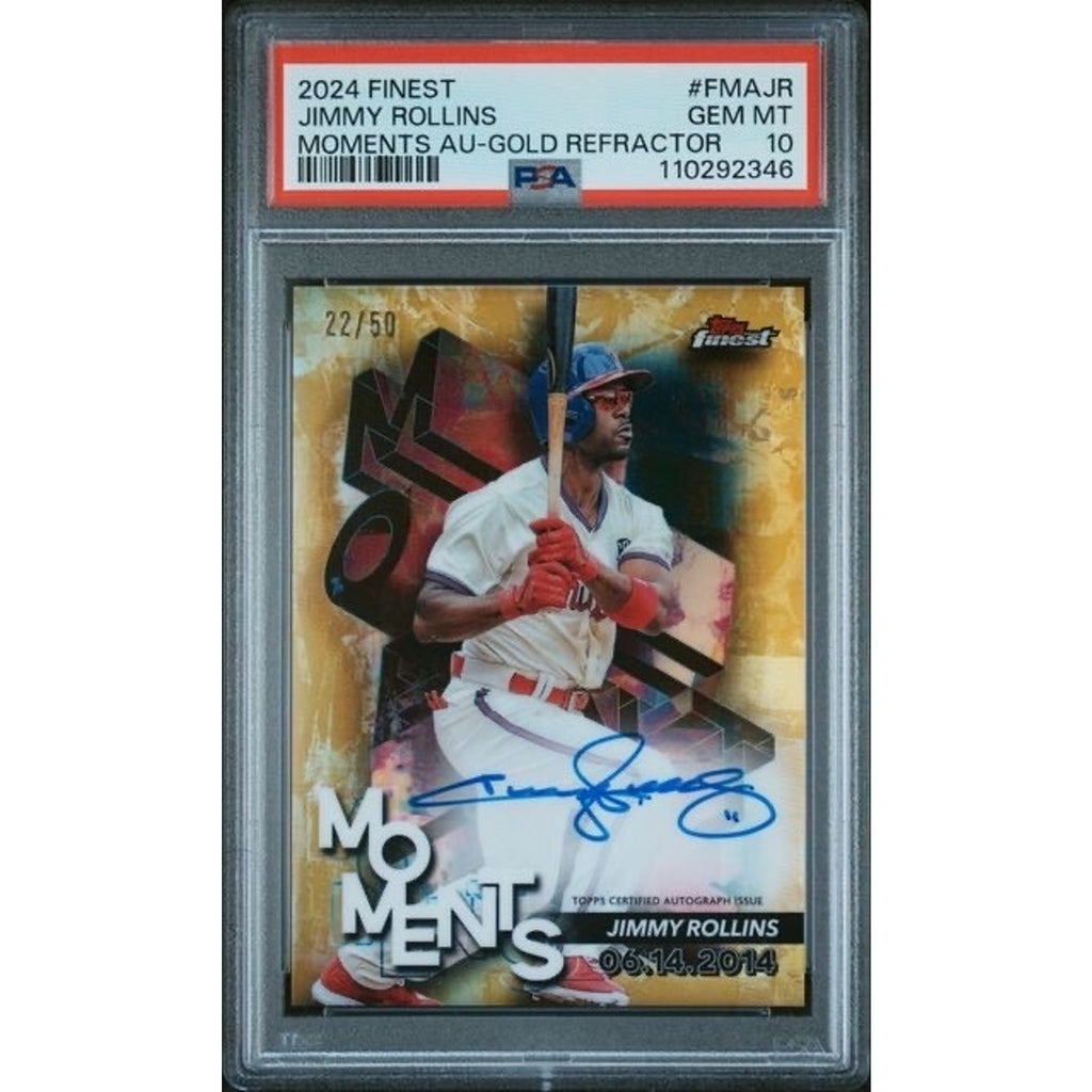 2024 Topps Finest Jimmy Rollins Moments Gold Refractor Auto /50 PSA 10 card front
