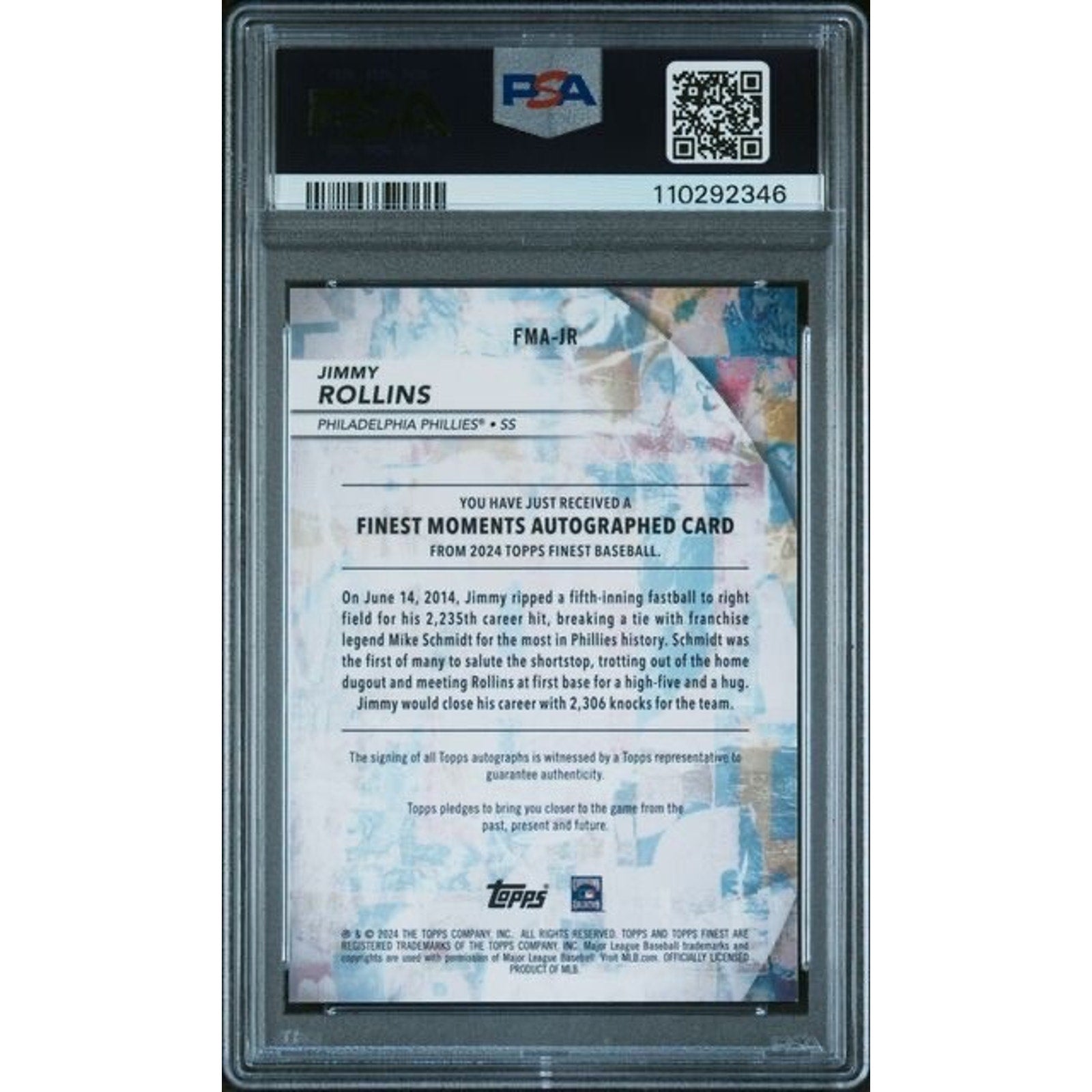 Back of Jimmy Rollins Topps Finest Moments Gold Refractor autograph PSA 10 card