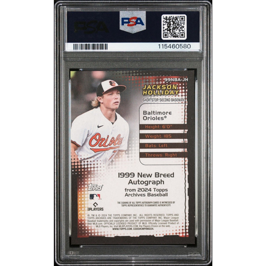 Back of 2024 Topps Archives Jackson Holliday 1999 New Breed autographed rookie card authenticated and encapsulated by PSA