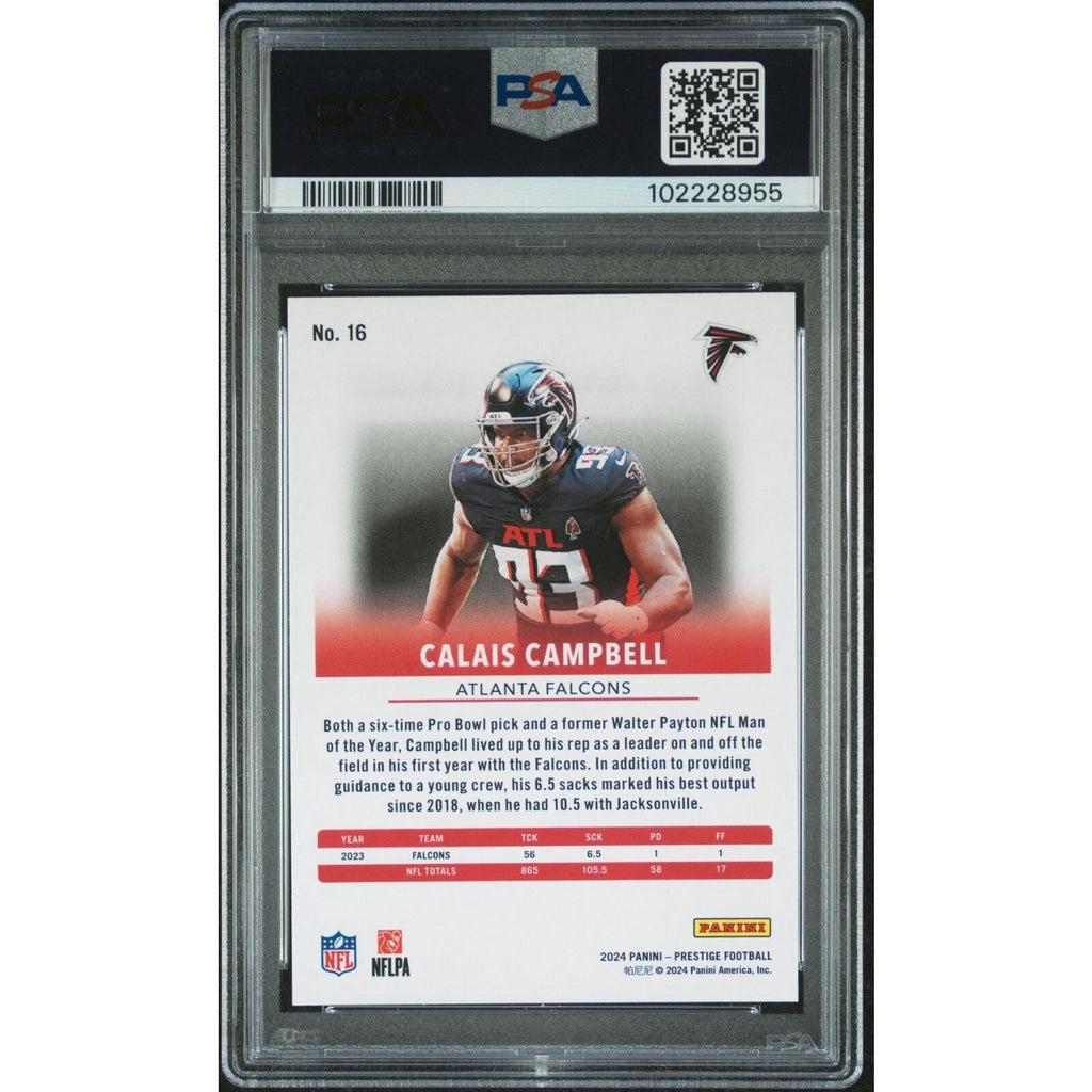 Back view of 2024 Panini Prestige Calais Campbell Hyper Xtra Points football card graded PSA 10 POP 1