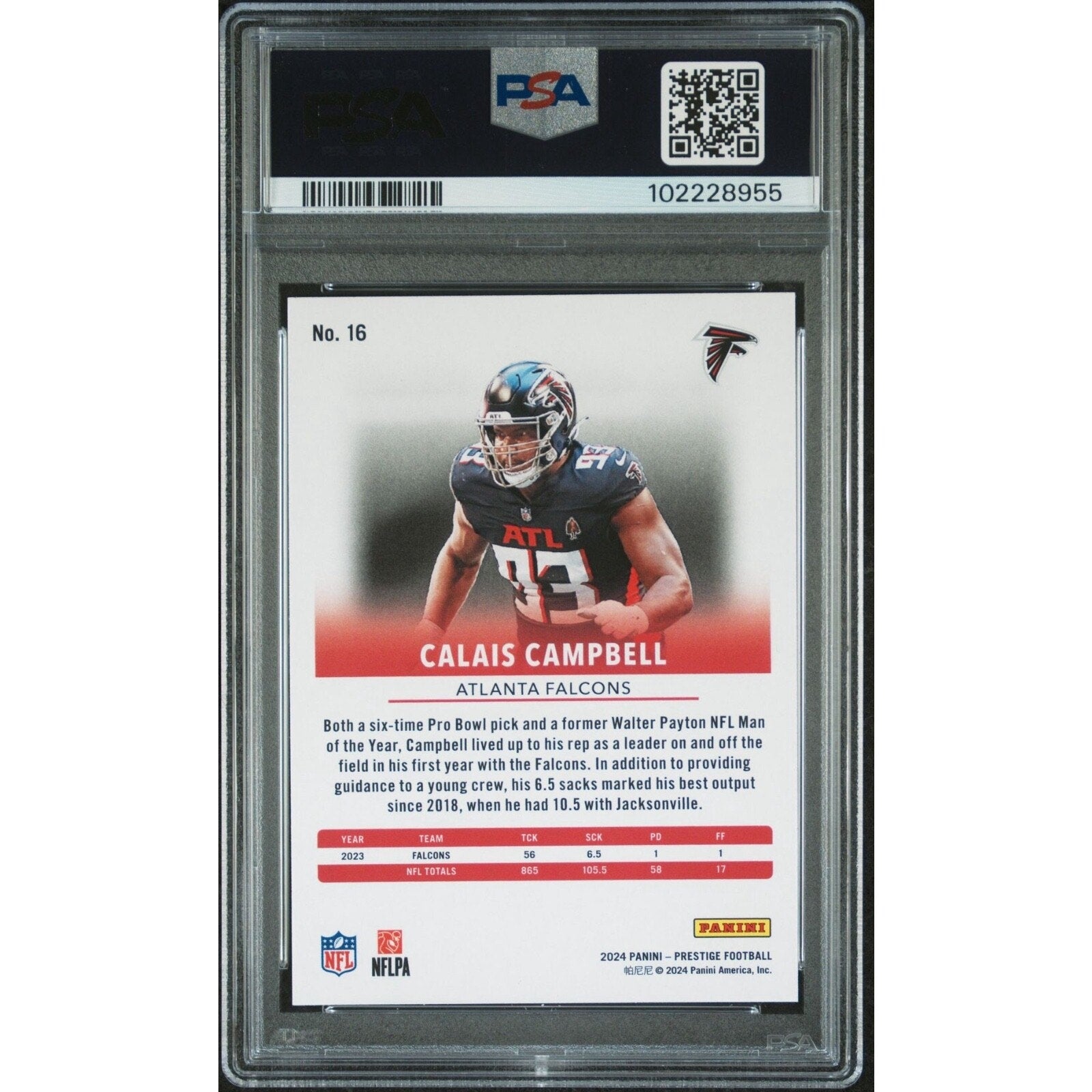 Back view of 2024 Panini Prestige Calais Campbell Hyper Xtra Points football card graded PSA 10 POP 1