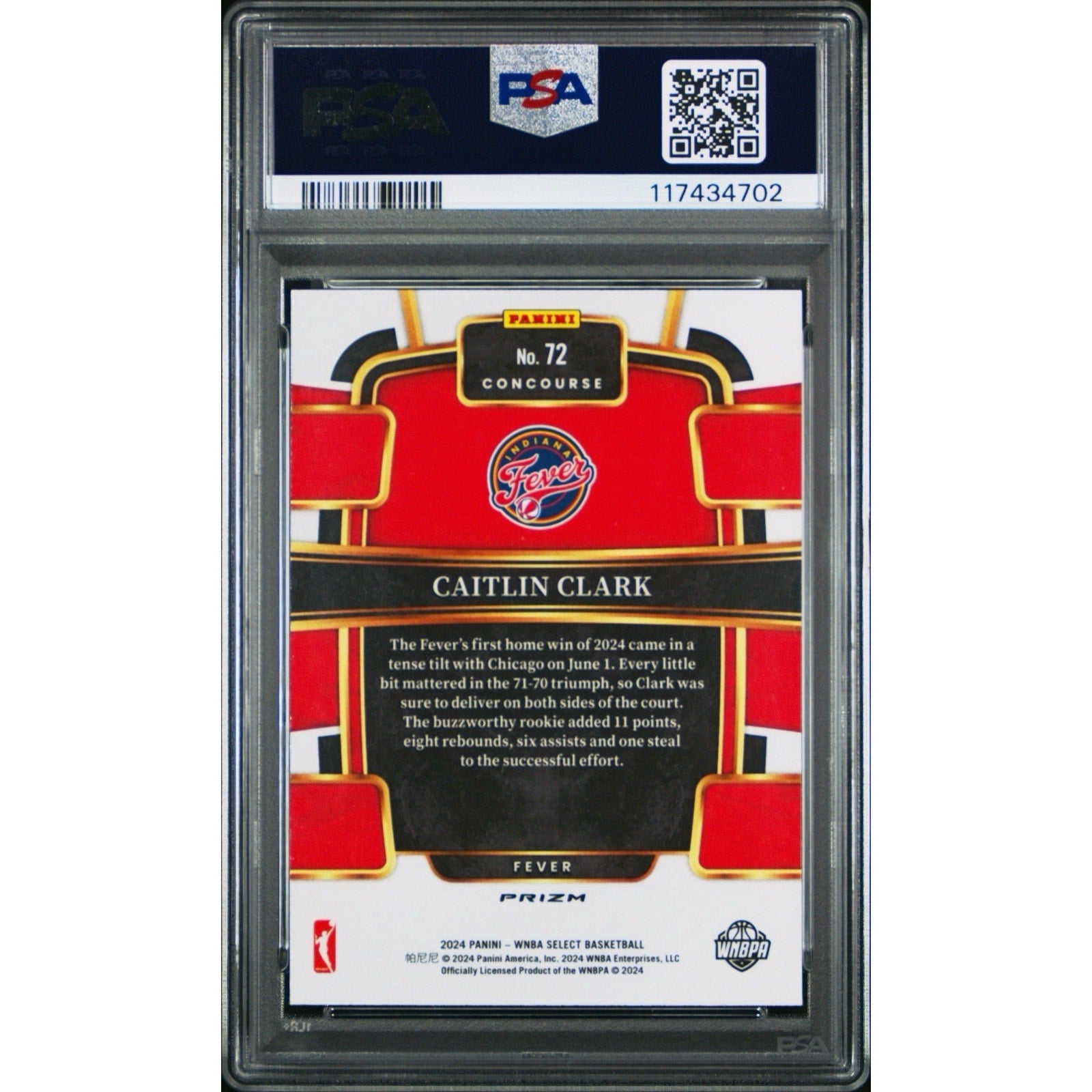 Trading card of Caitlin Clark in a protective frame with branding and certification details.
