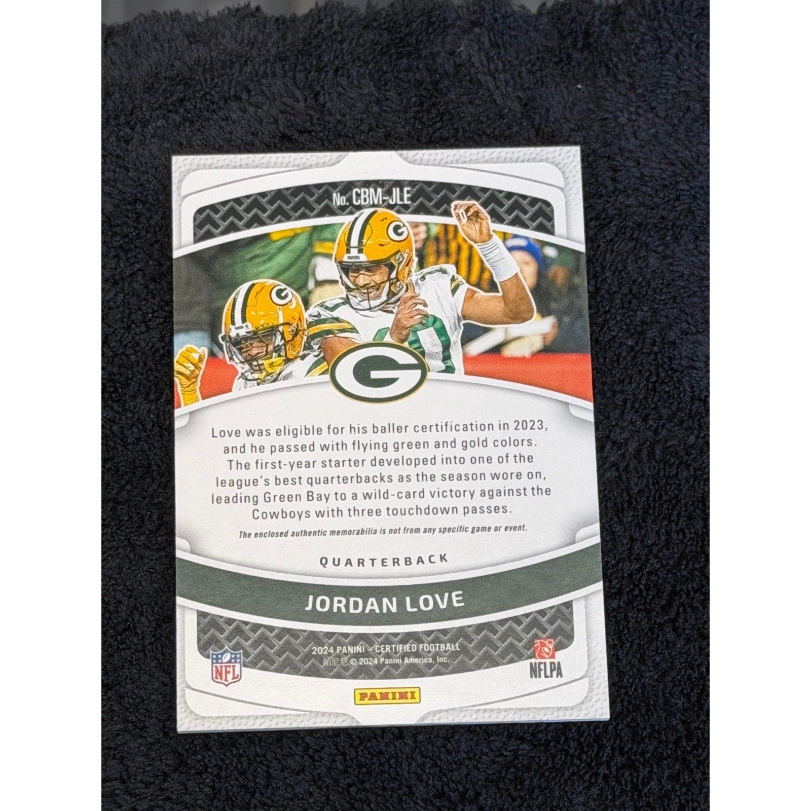 2024 Panini Certified Jordan Love Certified Ballers Patch #CBM-JLE /25 card back featuring player information and card details